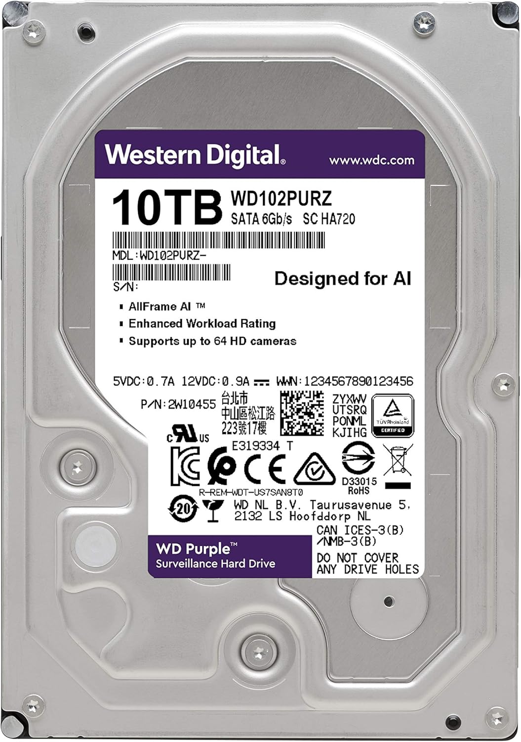 Western Digital 10TB WD Purple Surveillance Internal Hard Drive HDD - 7200 RPM, SATA 6 Gb/s, 256 MB Cache, 3.5