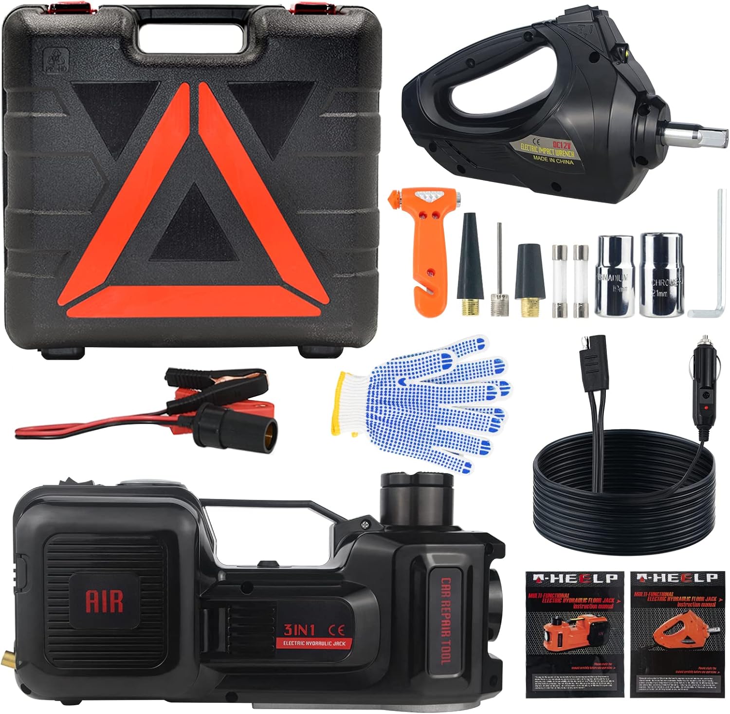 Electric Car Jack 5 Ton 12V Car Jack Hydraulic Lifting Range 6.1-17.7 inch Electric Jack for Car SUV Sedan MPV Tire Changing Kit Equipped with Inflator