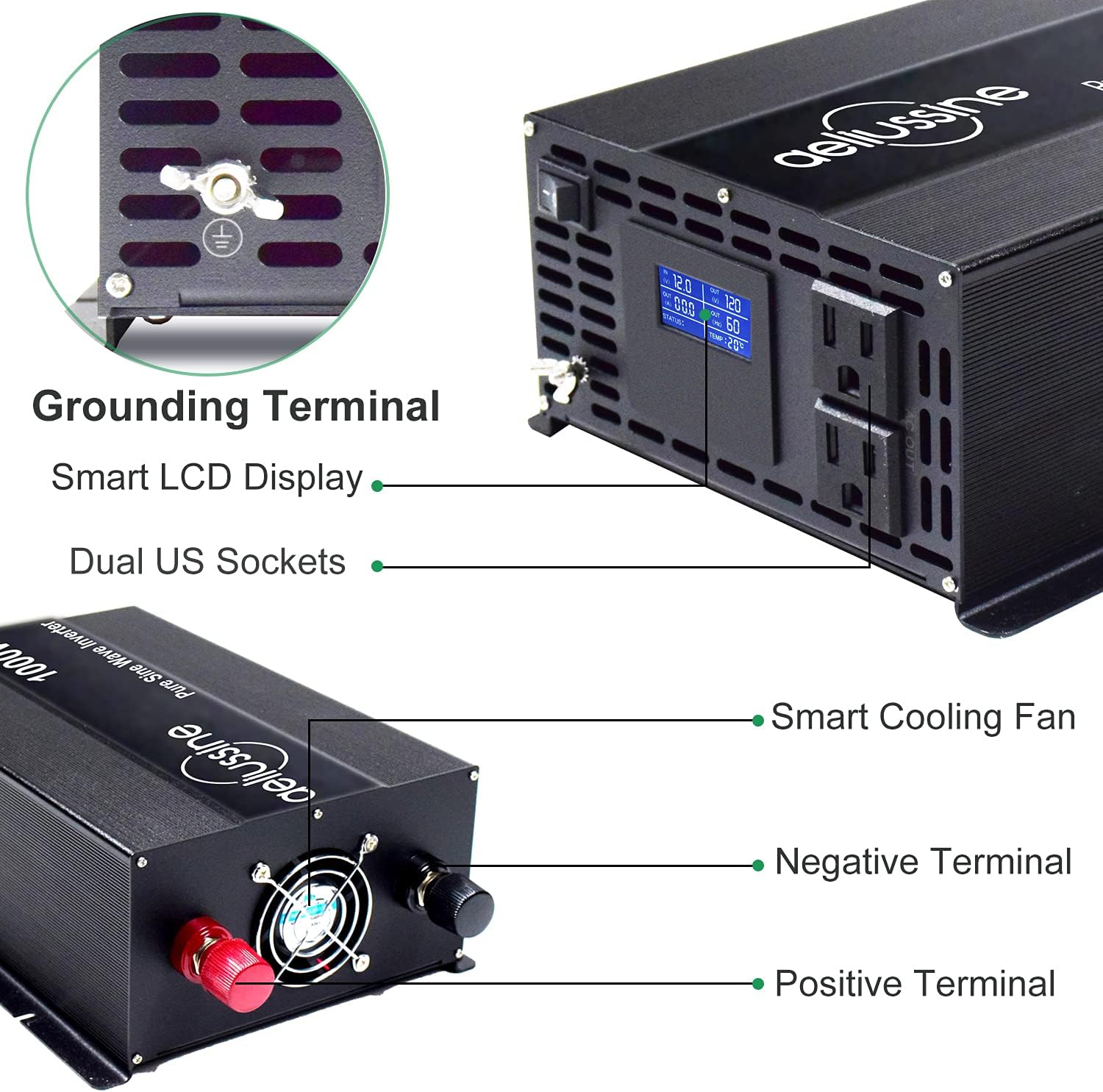 aeliussine 1000w Inverter Pure Sine Wave Power Inverter 48v dc to ac 110v 120v with 2 US Socket, LCD Display and Earth Terminal, for Car RV, Truck, Yacht, and Off Grid Solar Power System (1000w 48v)