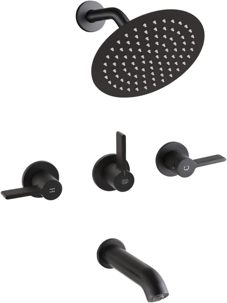 Matte Black 3 Handle Shower Faucet Set with Tub Spout, Tub and Shower Trim Kit with Rough-in Valve, Bathroom Rain Mixer Shower System Wall Mounted Rainfall Bathtub Shower Faucets 8202-7B