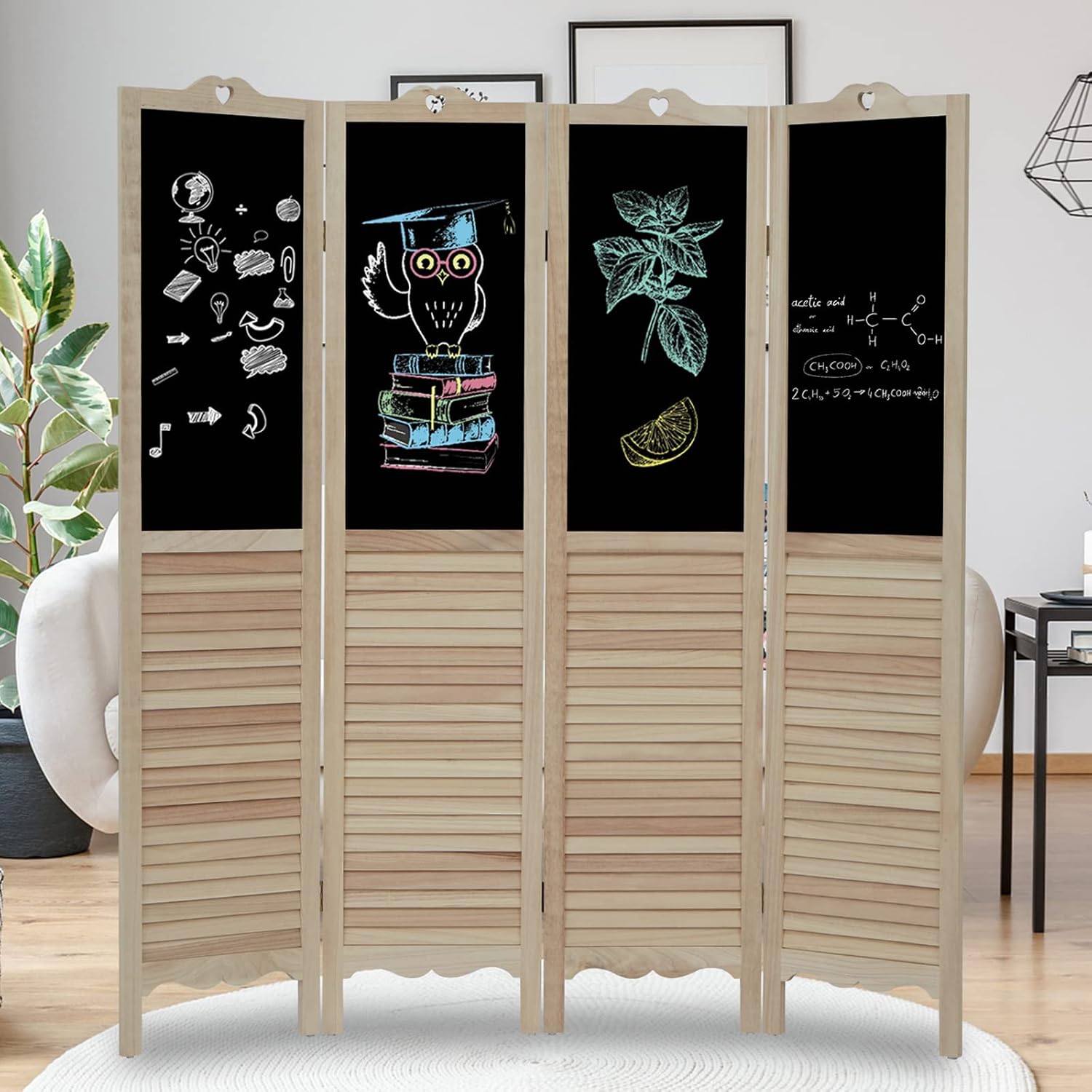 KINBOR Room Divider Folding Privacy Screen, 4 Panels 5.5 Ft Tall Extra Wide Room Partition Foldable Panel Wall Divider, Portable Partition Screen with Double Sided Chalkboard Design (Solid Wood) Pack of 2