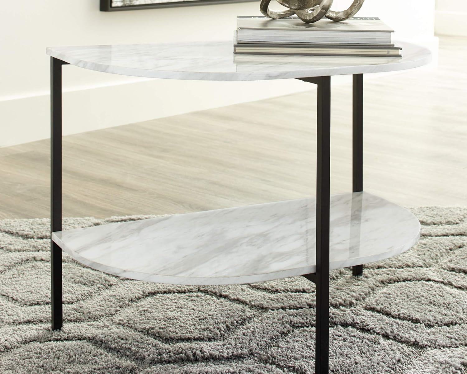 Signature Design by Ashley Donnesta Contemporary Half Moon Chair Side End Table with Faux Carrera Marble Top, Black & White