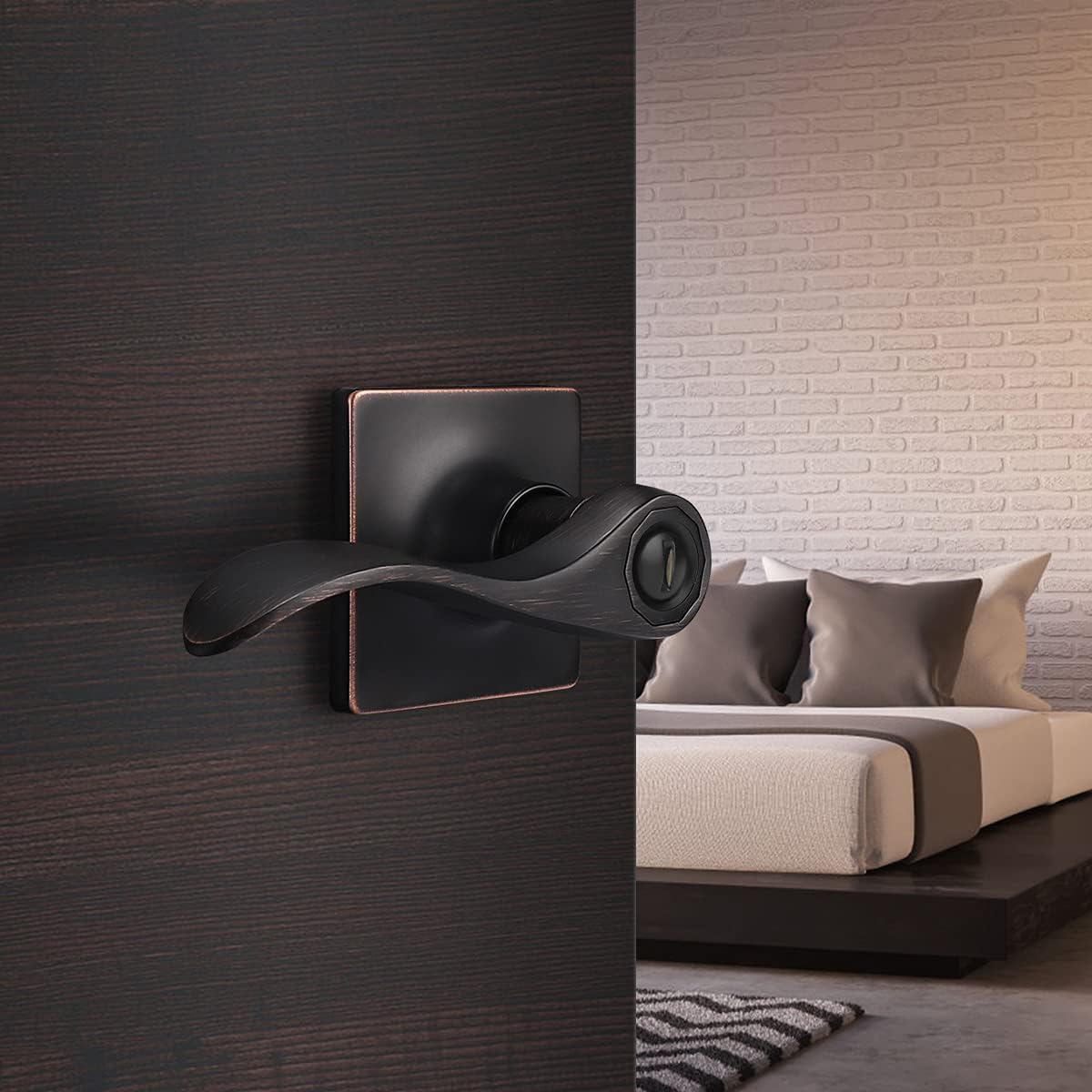 Gobrico Interior Door Levers in Oil Rubbed Bronze Drop/Wave Bedroom Bathroom Handles with Square Plate (Reversible Handles for Right/Left Handling),Keyless Privacy Door Locksets,Contractor Pack of 6