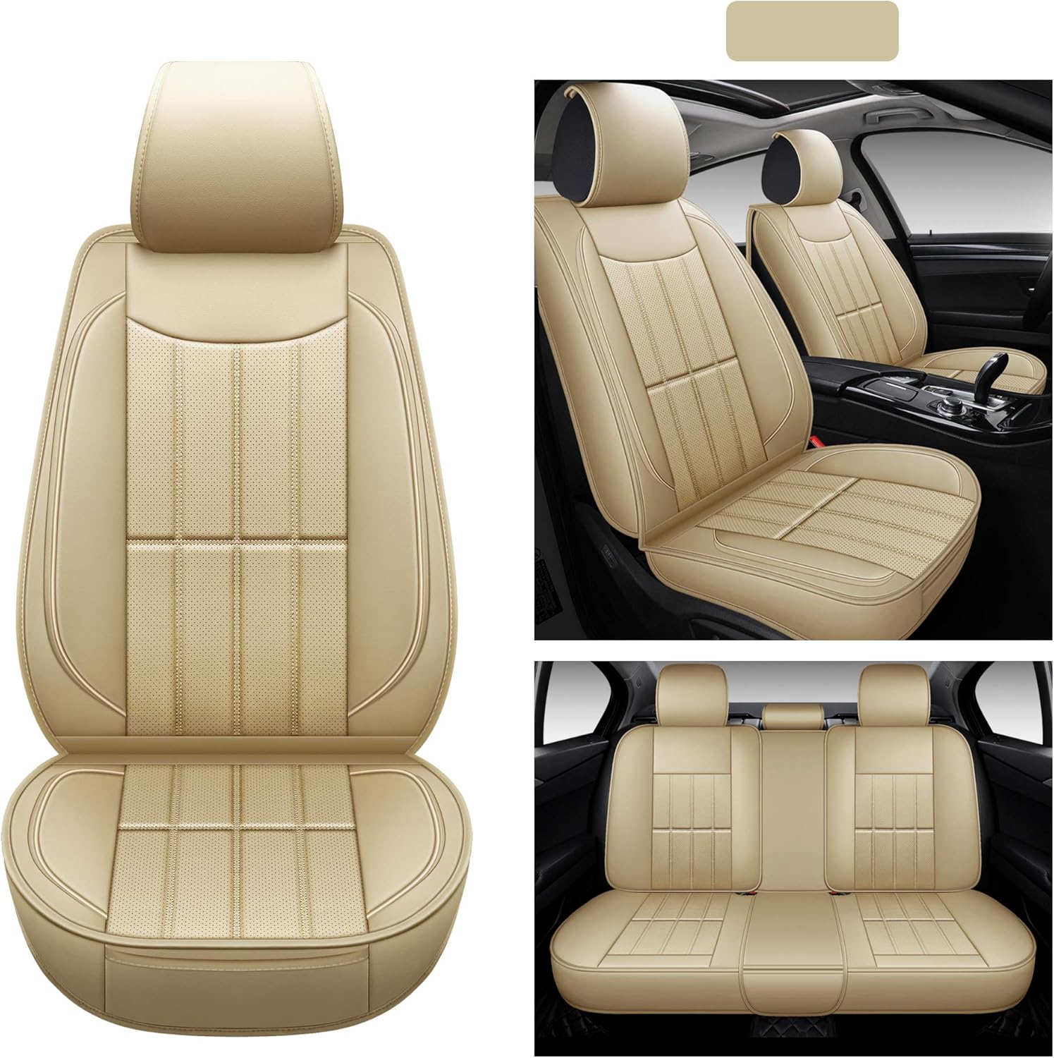 AOOG Leather Car Seat Covers, Leatherette Automotive Vehicle Cover for Cars SUV Pick-up Truck, Universal Non-Slip Vehicle Cover Waterproof Interior Accessories, Full Set.