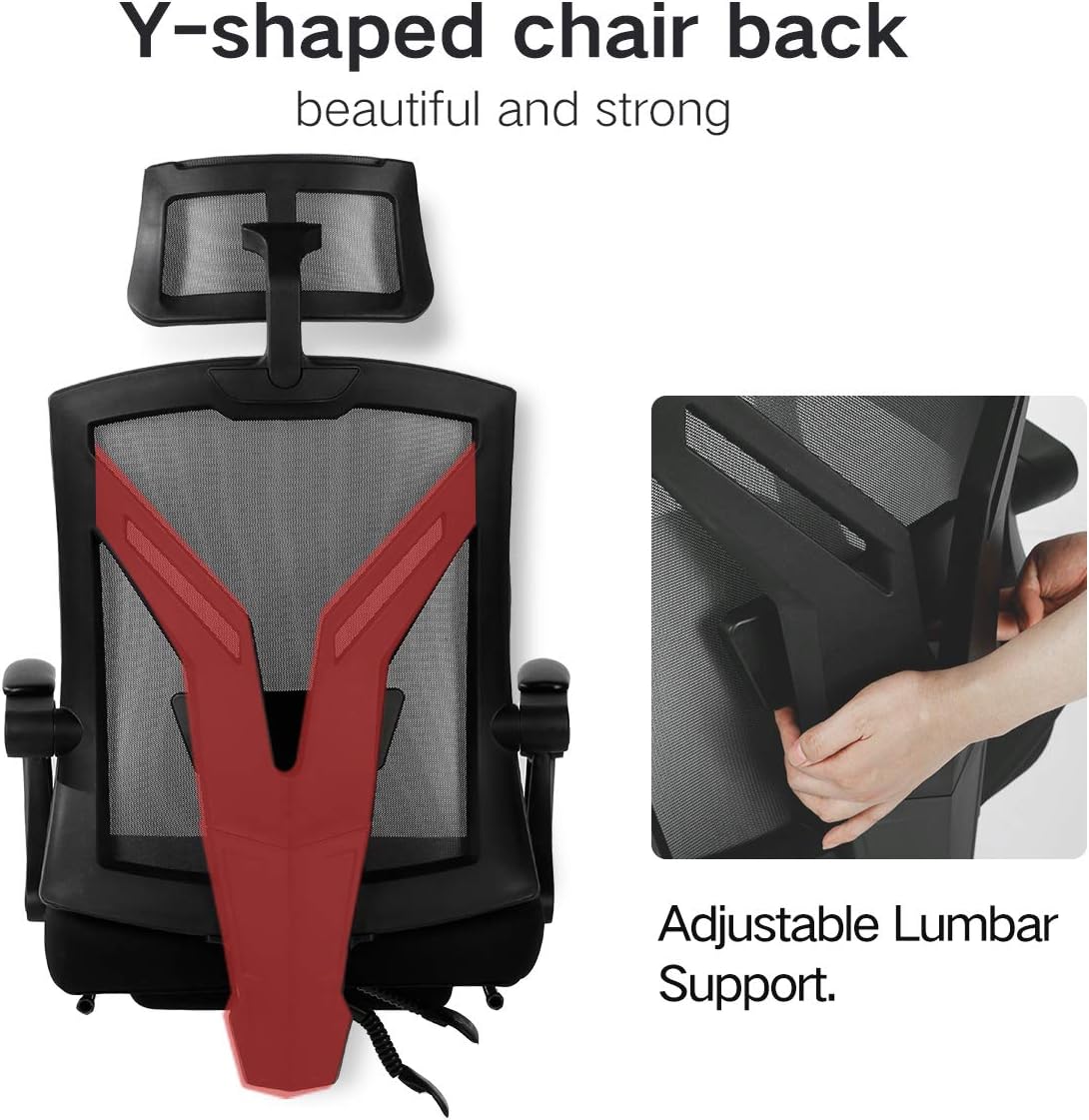 Hbada Ergonomic Office Chair High Back Desk Chair Recliner Chair with Lumbar Support Height Adjustable Seat, Headrest- Breathable Mesh Back Soft Foam Seat Cushion with Footrest, White