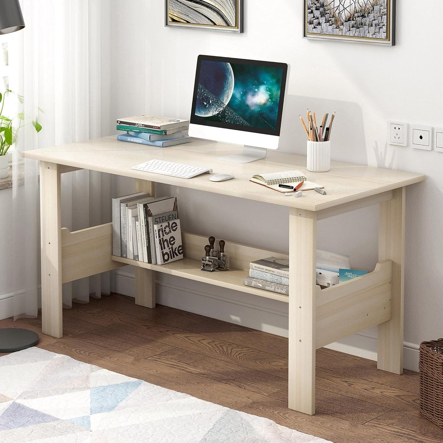 Decsix Study Table for Bedroom White Wooden Desk Home Desktop Computer Desk Bedroom Laptop Study Table Office Desk Workstation 43.3 x 17.7 x 28.3 inches, White Pack of 2