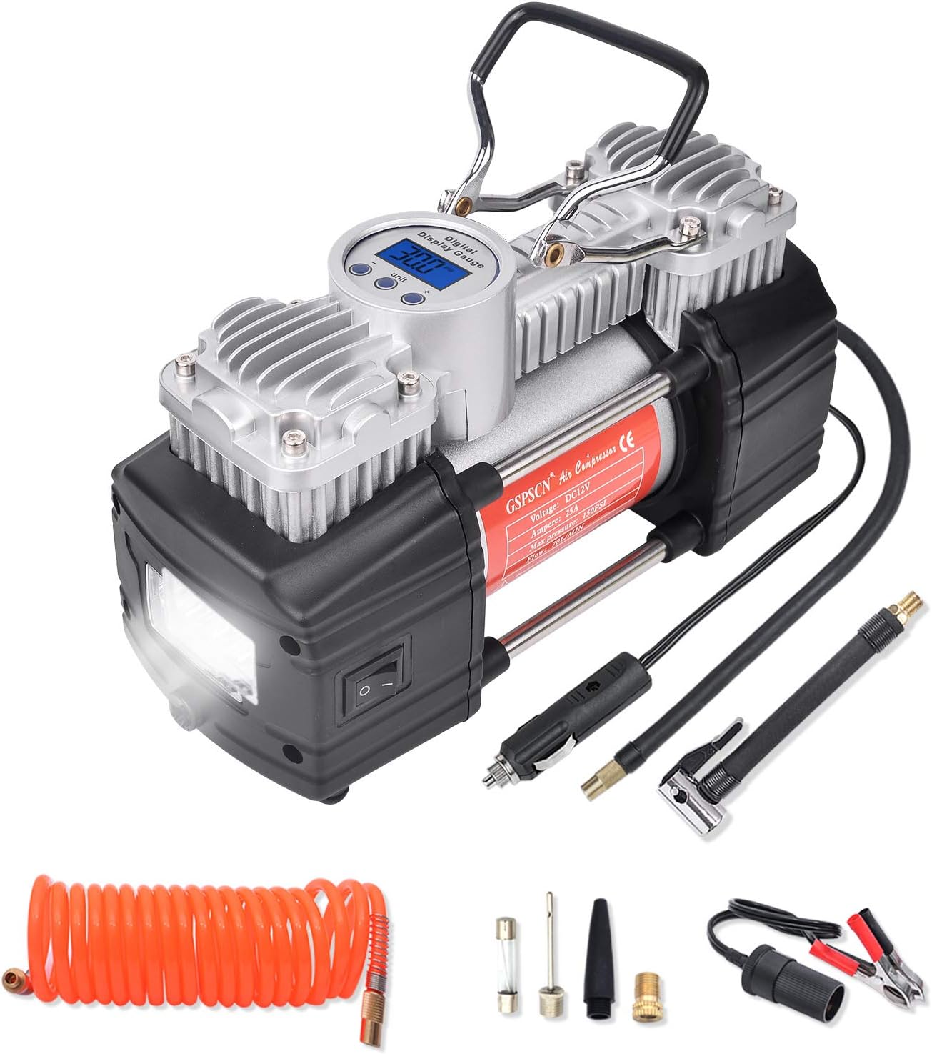 GSPSCN Portable 12V Air Compressor Pump Digital Display Tire Inflator with LED Flashlight, Heavy Duty Dual Cylinder Tire Pump 150 PSI with Locking Air Chuck for Auto,SUV,Off-Road,Truck,RV,Bike etc Pack of 2