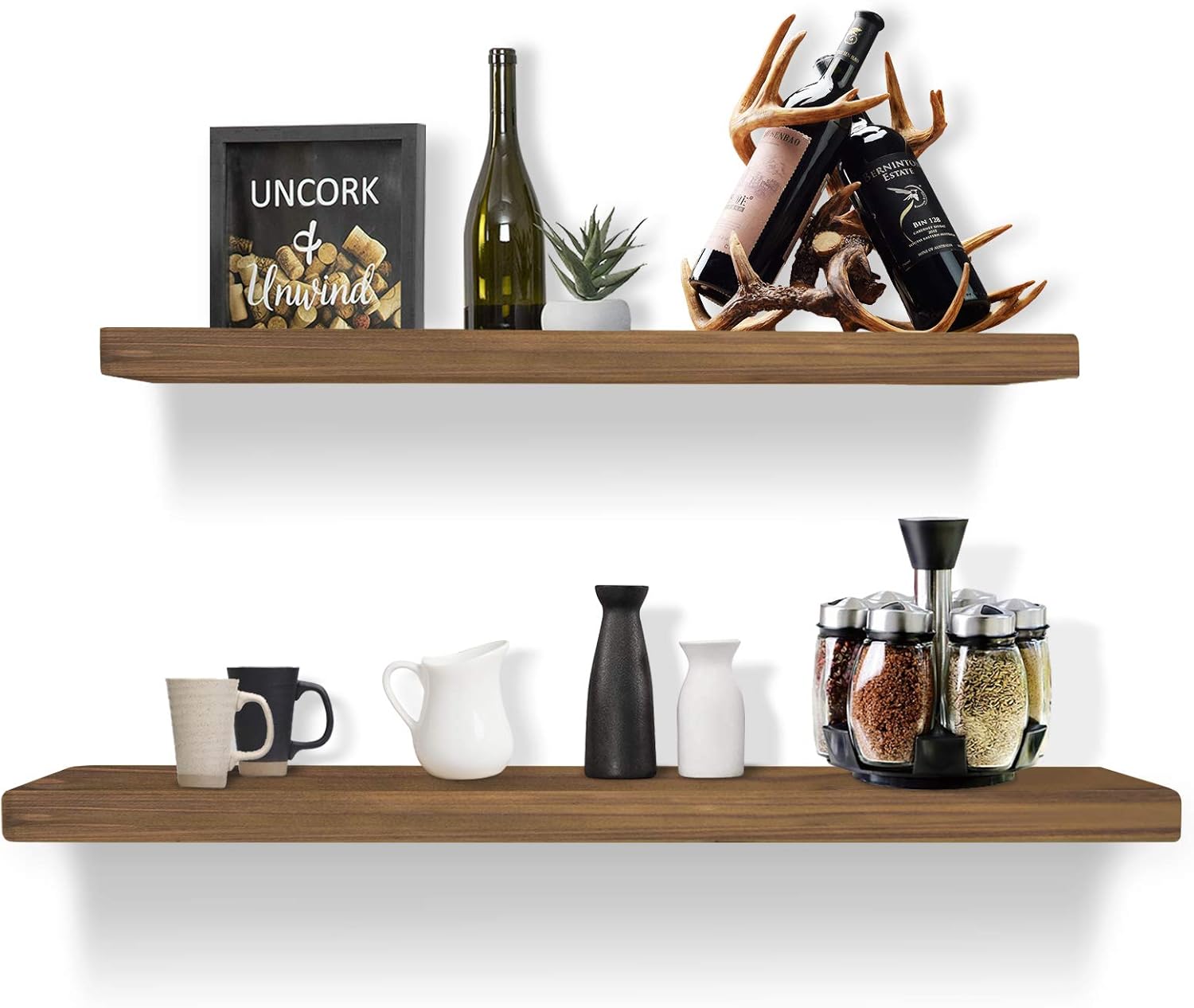 2 Tier Wood Floating Shelf with Hidden Brackets, Rustic Wall Floating Shelves, Set of 2 Solid Wood Wall Storage Shelves, 23.6 Inch and 19.7 Inch Length x 7.5 Inch Wider