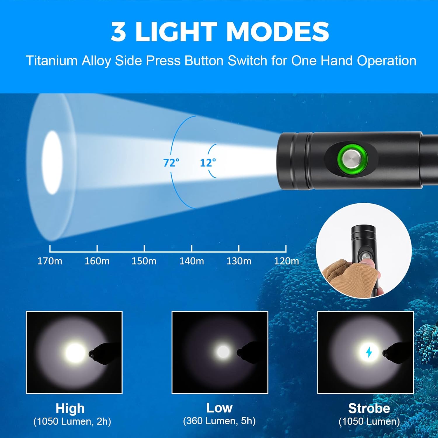 Odepro WD12 Scuba Diving Light 1050 Lumen Super Bright Compact Dive Lights with 3 Modes, IP68 Waterproof Submarine LED Flashlight with Battery Indicator, for 150m Underwater Diving, Fishing, Camping Pack of 2