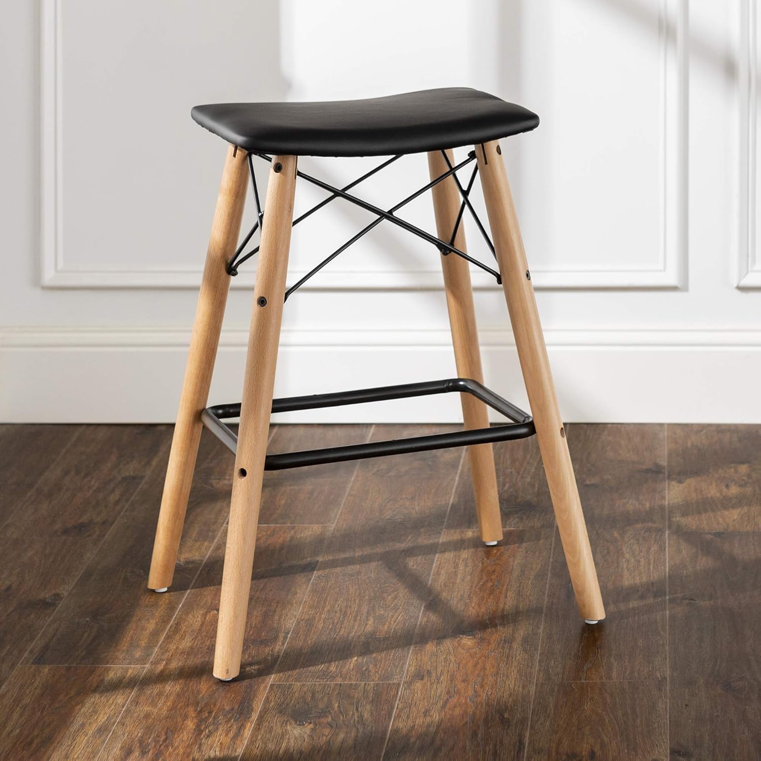 Walker Edison Mid Century Modern Faux Leather Backless Counter Bar Stool Indoor Kitchen Dining Chair Barstool, 26 Inch, Black