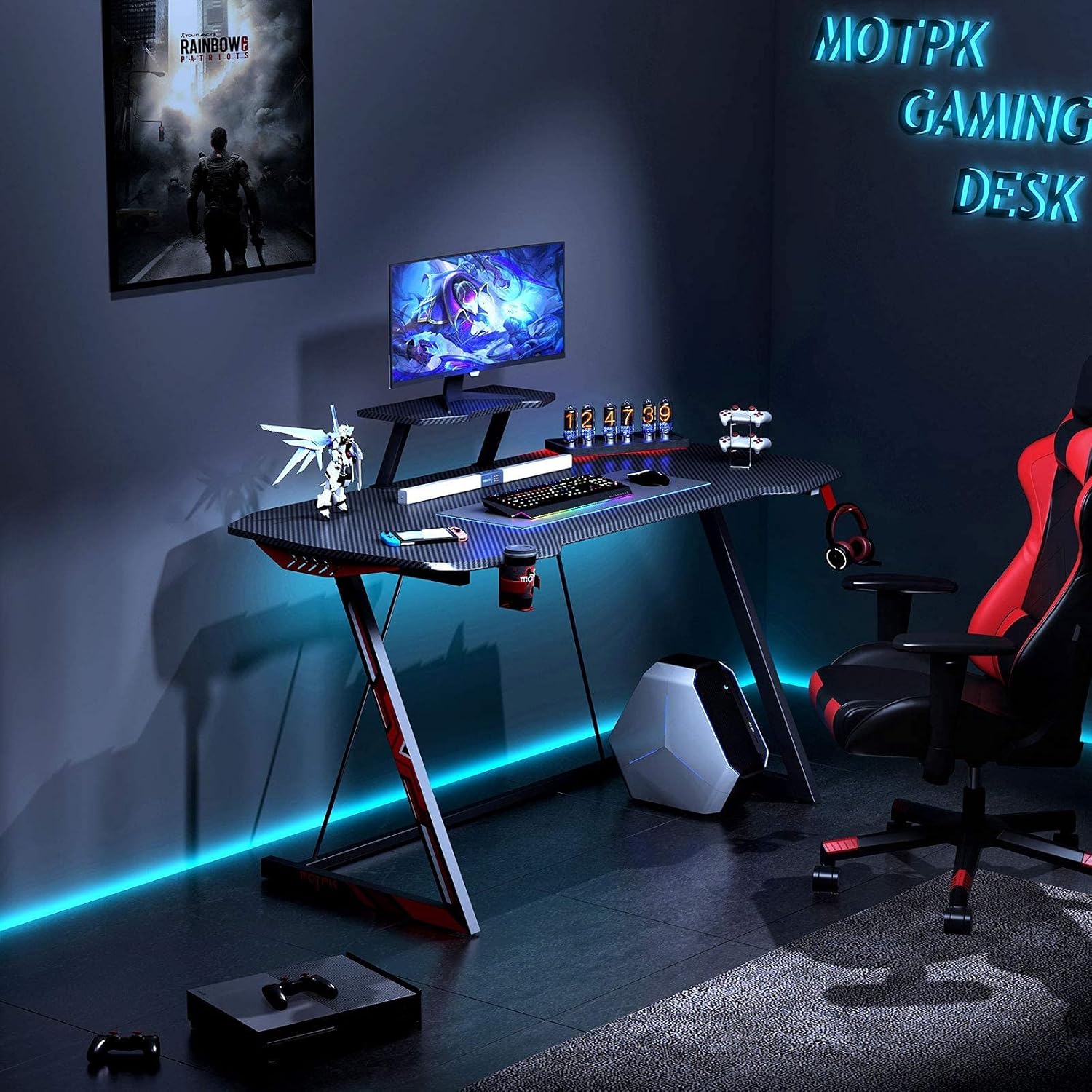MOTPK 47 inch Gaming Desk Carbon Fiber Black Computer Desk, Gamer Workstation Home Office Desk with Monitor Stand Cup Holder and Headphone Hook