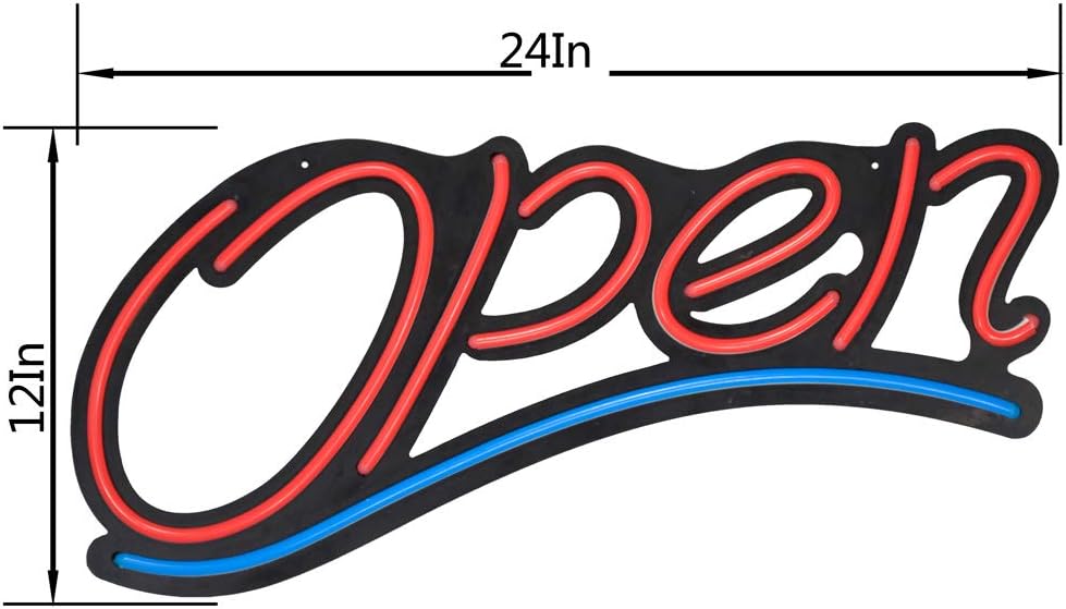 LED Neon Open Sign for Business 24x12In Large Size Red Handwriting Letters with Blue Wavy Line FR Wireless Remote with 10 Flashing Modes Super Bright Pack of 2