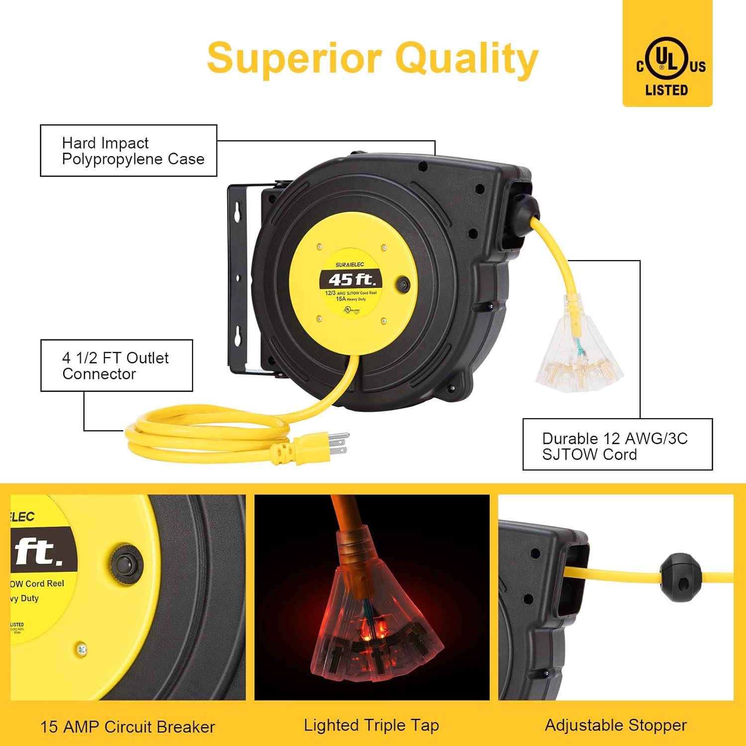Suraielec 12 Gauge Extension Cord Reel, 45 FT Retractable Extension Cord, 12 AWG/3C SJTOW Heavy Duty Power Cord, 15 AMP Circuit Breaker, Lighted Triple Tap, Ceiling or Wall Mount, UL Listed
