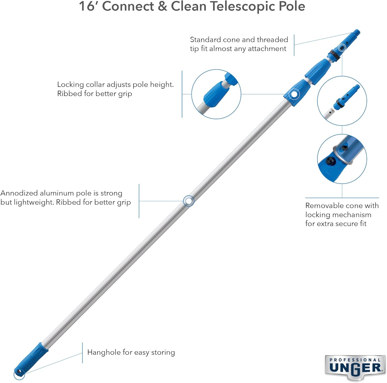 Unger Professional Connect & Clean 6 - 16 Foot Telescoping Extension Multi-Purpose Pole with Removable Cone, Window Cleaning, Dusting Pack of 2