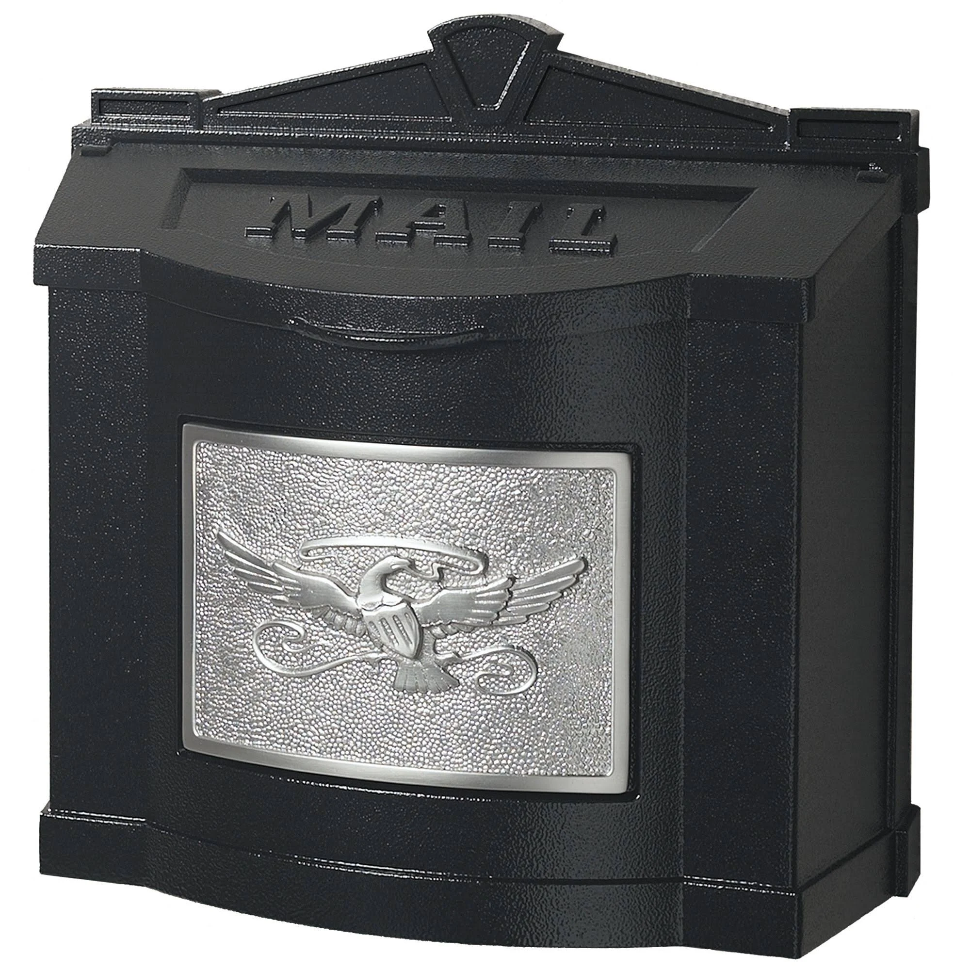 Gaines Wallmount Mailbox Black with Satin Nickel Eagle Design WM-9