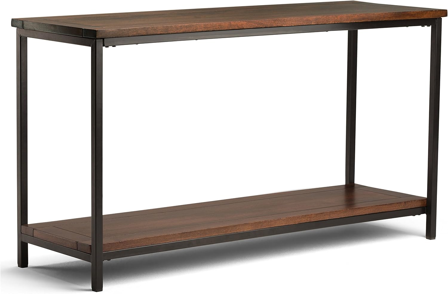 SIMPLIHOME Skyler SOLID WOOD and Metal 54 inch Wide Modern Industrial Console Sofa Entryway Table in Dark Cognac Brown with Storage, 1 Shelf, for the Living Room, Entryway and Bedroom