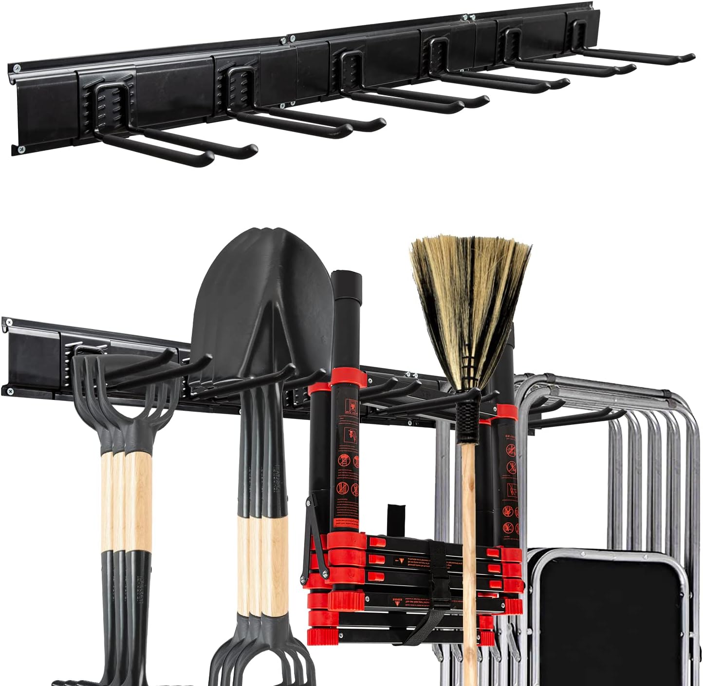 Garage Wall Mount Tool Organization Storage Rack, Home Garden Shovel Holder Garage Storage System with 6 Removable Hooks and 3 Board, 47