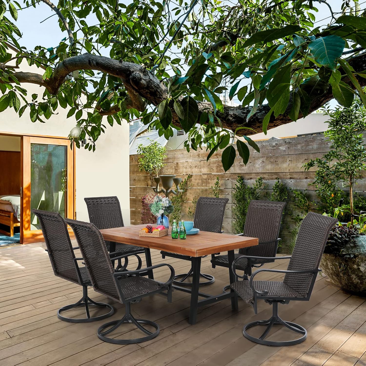 PHI VILLA 7 Piece Outdoor Dining Set for 6, 1 Acacia Wood Table & 6 Swivel Rattan Wicker Chairs, Outdoor Dining Furniture Set for Patio,Deck, Yard, Porch