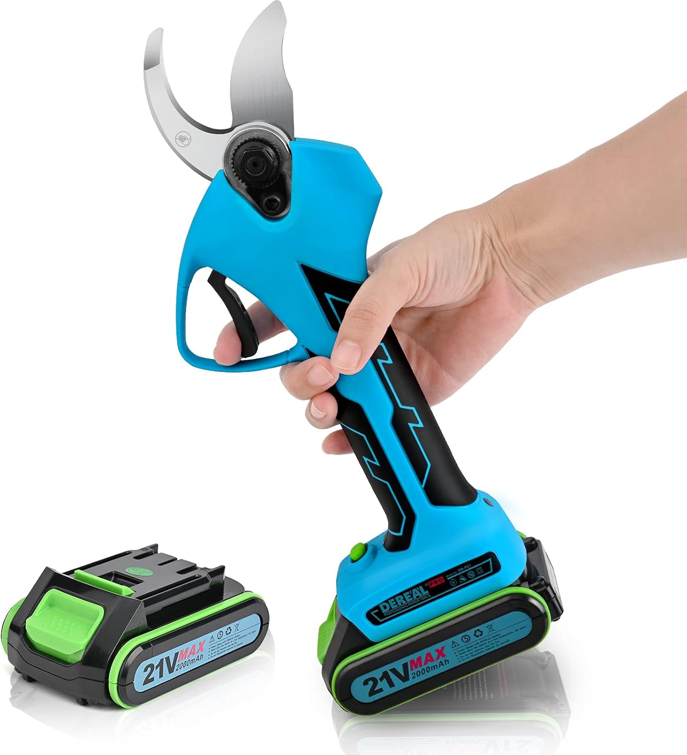 DEREAL Professional Electric-Pruning-Shears Battery Powered with 2 Pcs 21V Backup Rechargeable 2Ah Lithium for Tree Branch Cordless Pruner Shears Cutter for Garden 32mm Cutting Diameter