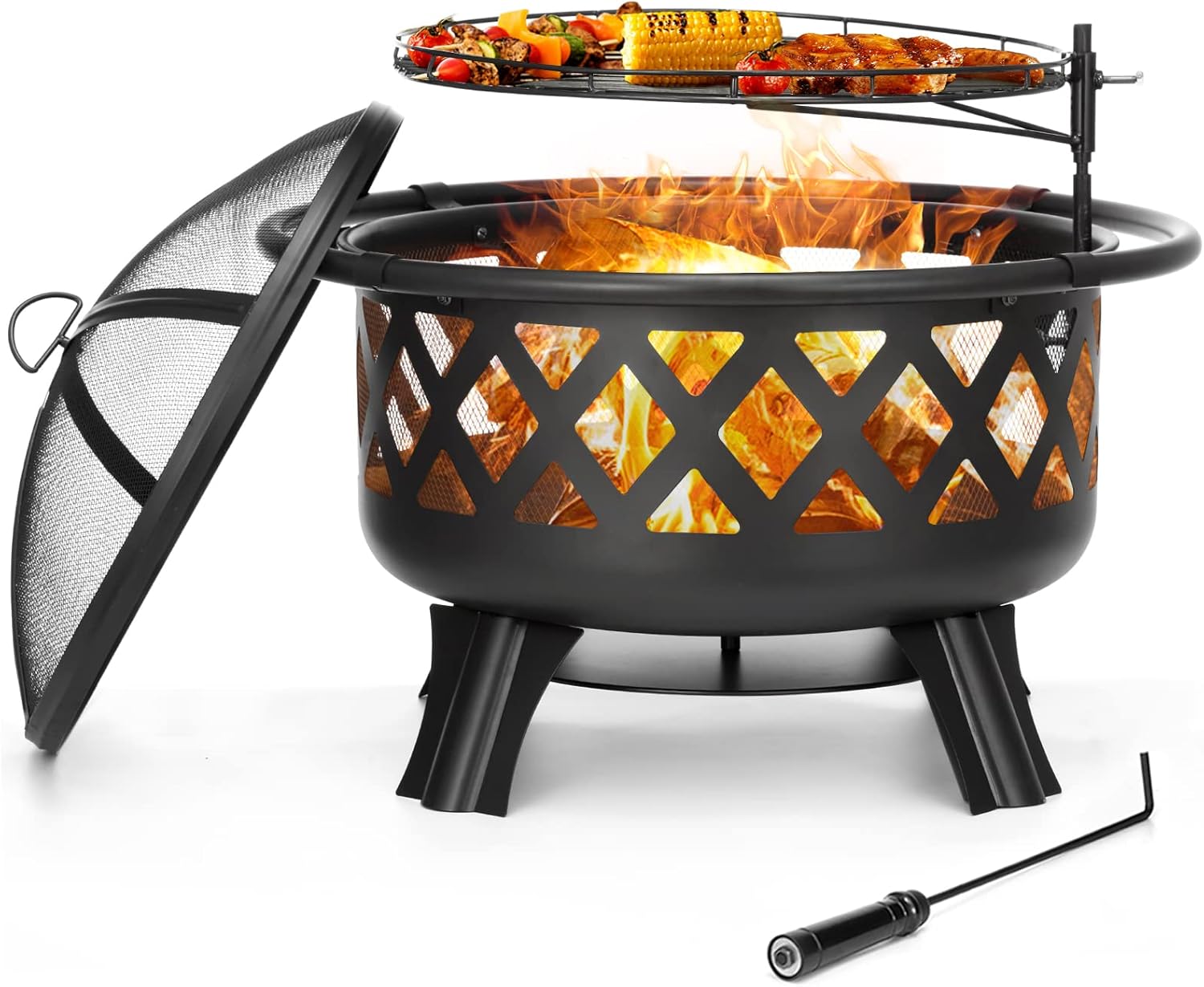 SINGLYFIRE 30 Inch Fire Pits for Outside with Grill Outdoor Wood Burning Firepit Large Steel Firepit Bowl for Patio Backyard Picnic Garden with Swivel BBQ Grill, Ash Plate,Spark Screen, Poker