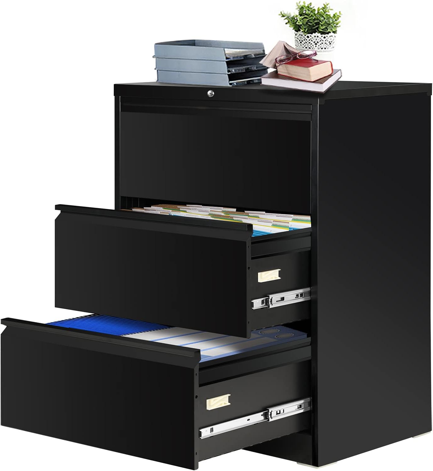 4 Drawer Lateral File Cabinet, Black Lateral Filing Cabinet with Lock, Metal Steel File Cabinets for Home Office, 0 Screw, INTERGREAT