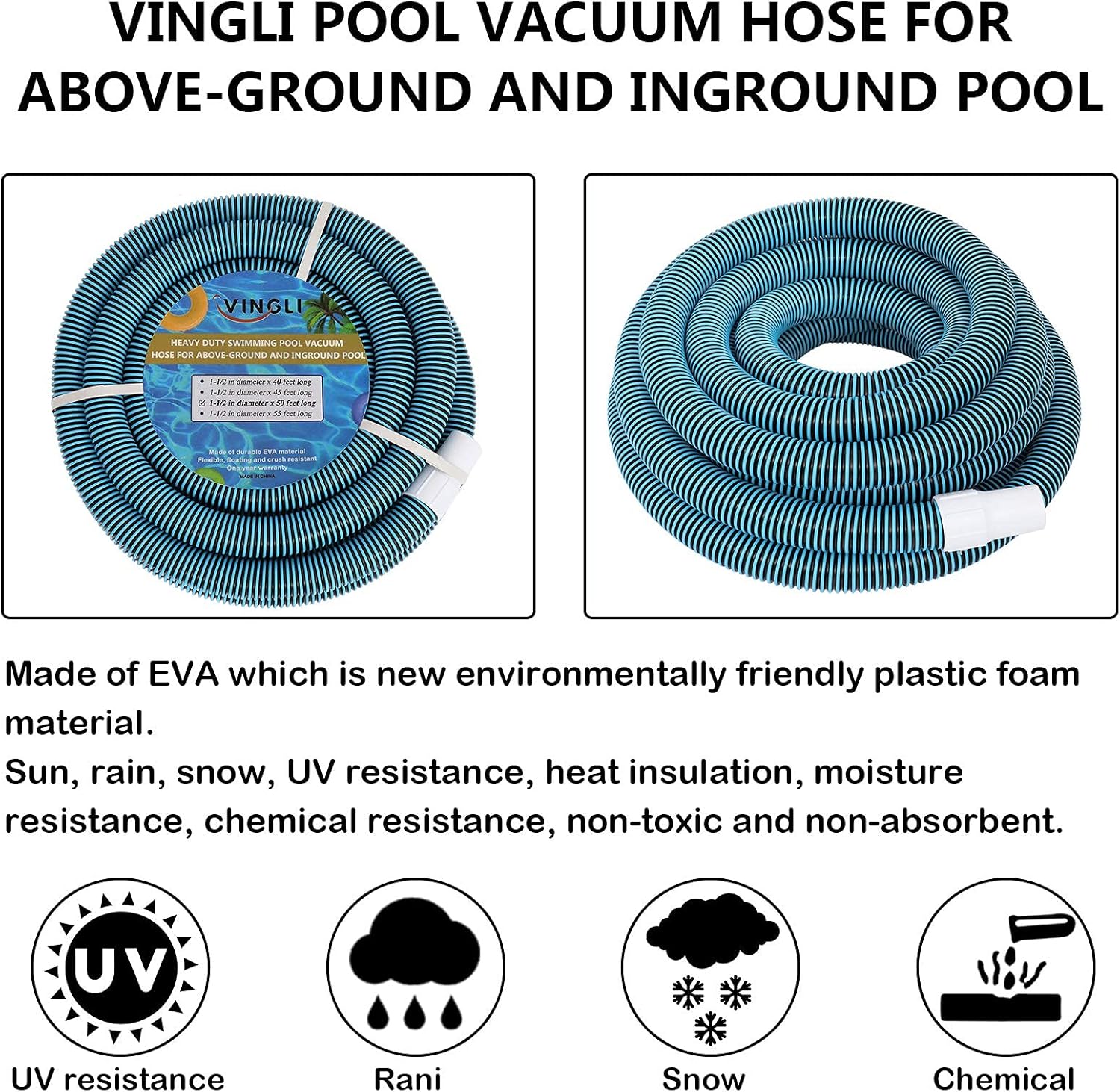 VINGLI Swimming Pool Vacuum Hose for Inground Pool and Above-Ground Pool 1-1/2-Inch by 50-Feet, Blue Pack of 2