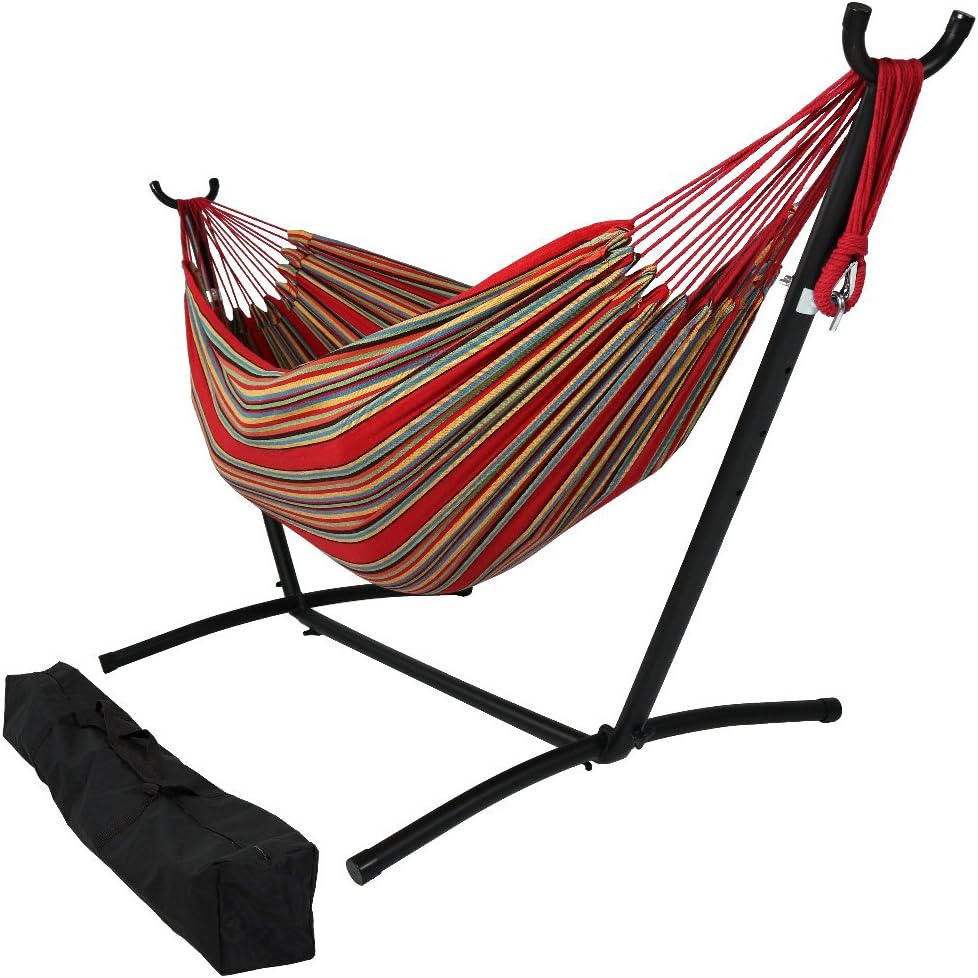 Sunnydaze Double Brazilian Hammock with Stand & Carrying Case - Large Two Person Hammock with Brazilian Stand - 400 Pound Capacity - Sunset