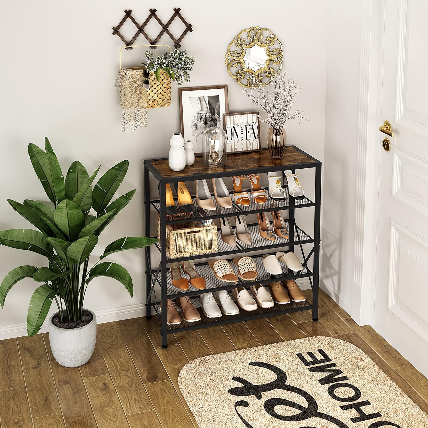 Tajsoon 5-Tier Shoe Rack Organizer, Industrial Shoe Rack for Closet Entryway, Metal Mesh Shoe Storage Shelf with X Shape Fixed Frame, Rustic Brown and Black