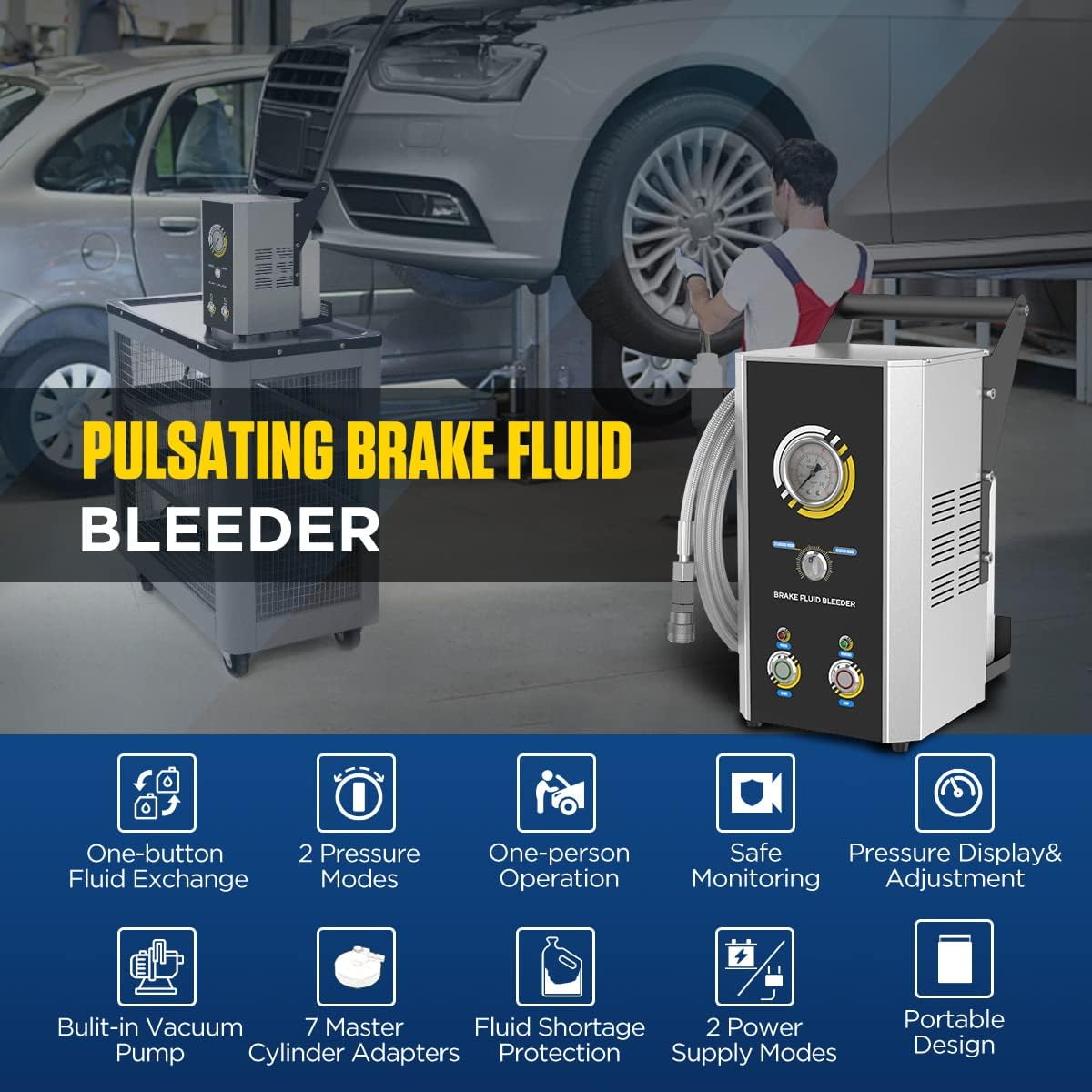 Brake Bleeder Kit Efficient Brake Bleeder Exchanger Safe Monitoring Vacuum Brake Bleeder with Fluid Transfer Pump,2 Pressure Modes,7 Master Cylinder Adapters,Fluid Shortage Protection 0~3 Bar 12V/110V