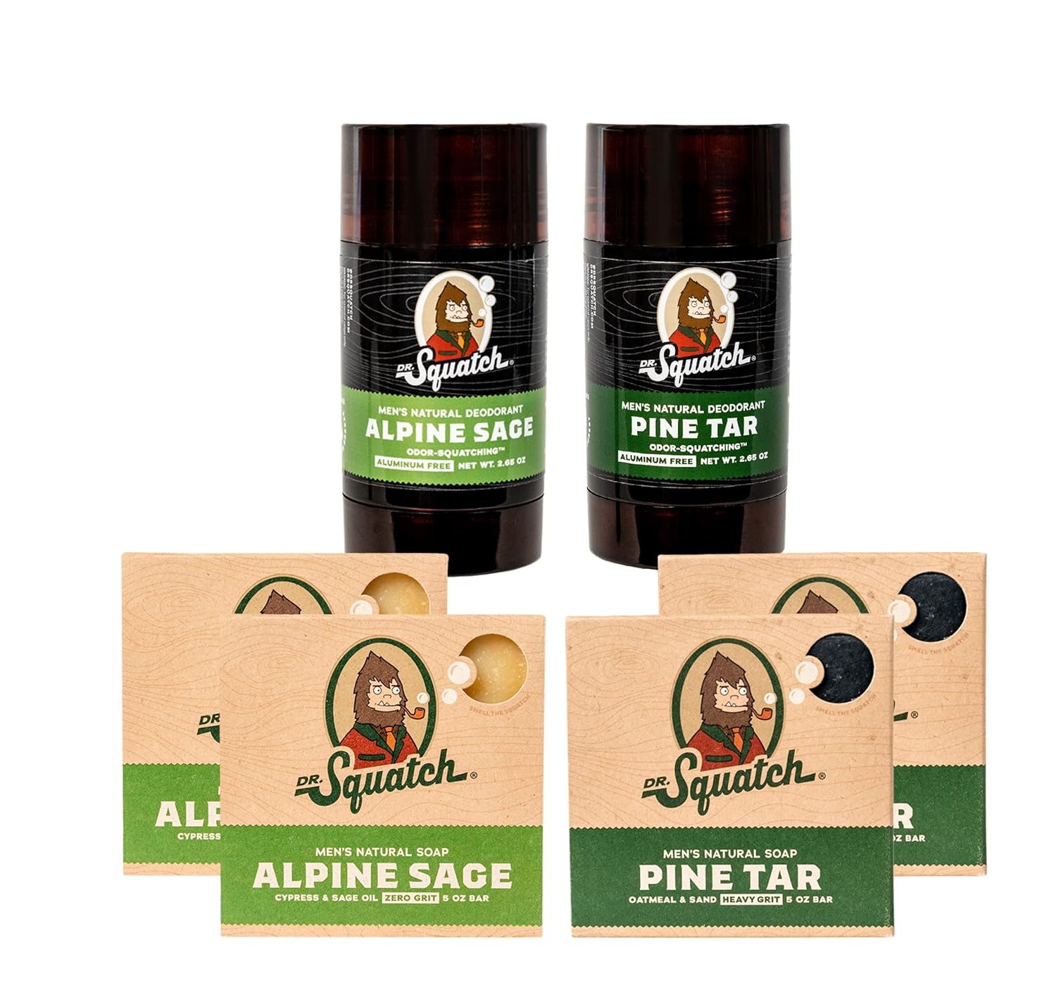 Dr. Squatch Manly Soap and Deodorant Variety Pack - Pine Tar and Alpine Sage - Handmade with Organic Oils, Aluminum-Free Pack of 2