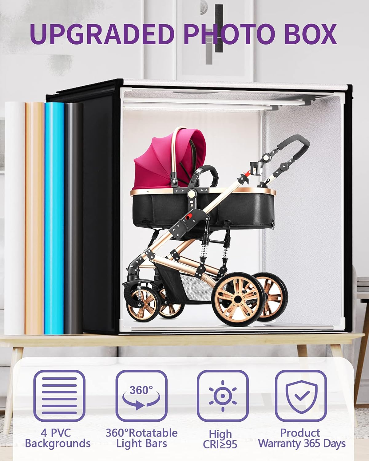 Photo Light Box, SAMTIAN 100x100x100CM Portable Folding Studio Box Professional Tabletop Photography Lighting Kit 4 Colors Backdrops LED Lights Adjustable Brightness 15000LM