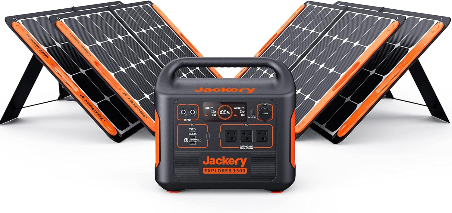 Jackery Solar Generator 1500, 1800W Generator Explorer 1500 and SolarSaga 100W with 3x110V/1800W AC Outlets, Solar Mobile Lithium Battery Pack for Outdoor RV/Van Camping, Overlanding