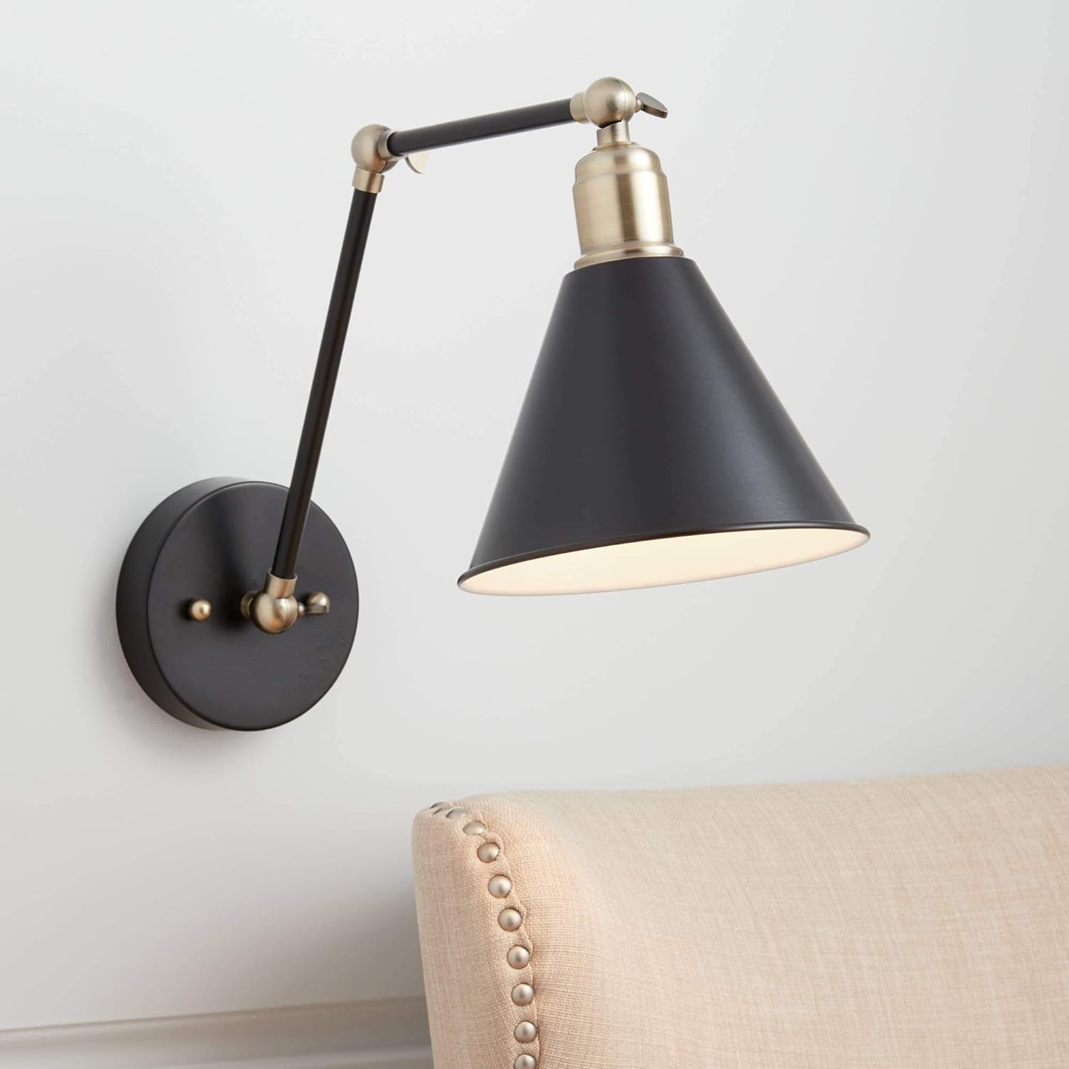 Wray Industrial Adjustable Swing Arm Wall Mounted Lamp Black Antique Brass Metal Hardwired Light Fixture for Bedroom Bedside House Reading Living Room Home Hallway Dining - 360 Lighting