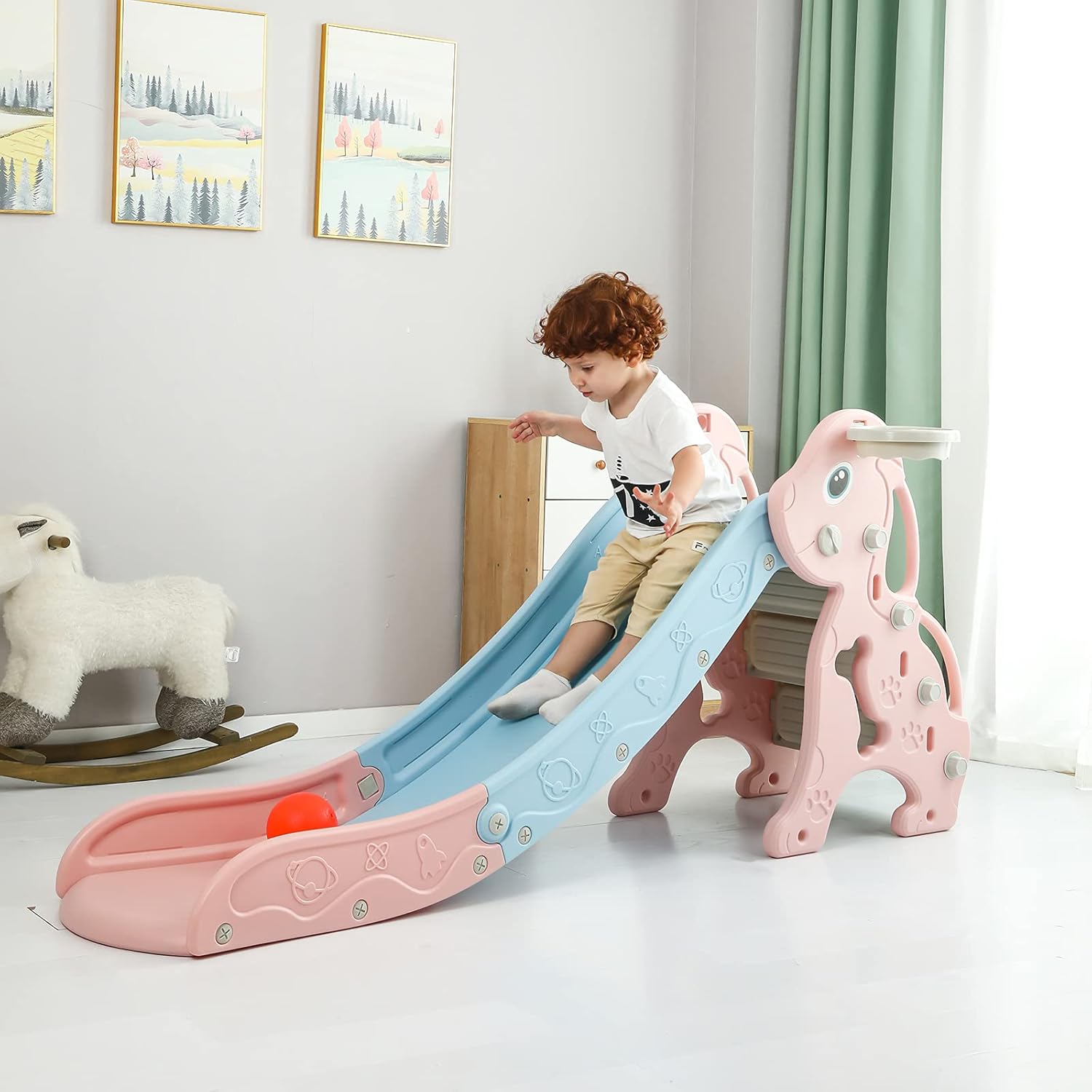 CuFun Freestanding Slide for Kids, Toddler Playground Slipping Indoor Slide Climber, Extra Long Slide Slope with Basketball Hoop for Indoor Outdoor Backyard Use (Pink Dog)