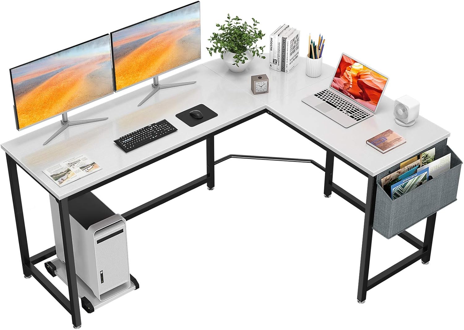 Homfio L Shaped Desk Computer Office Desk with Shelves Corner Computer Desk Large Gaming Table Industrial Simple Desk Workstation for Home Office Study Writing Table, White and Black