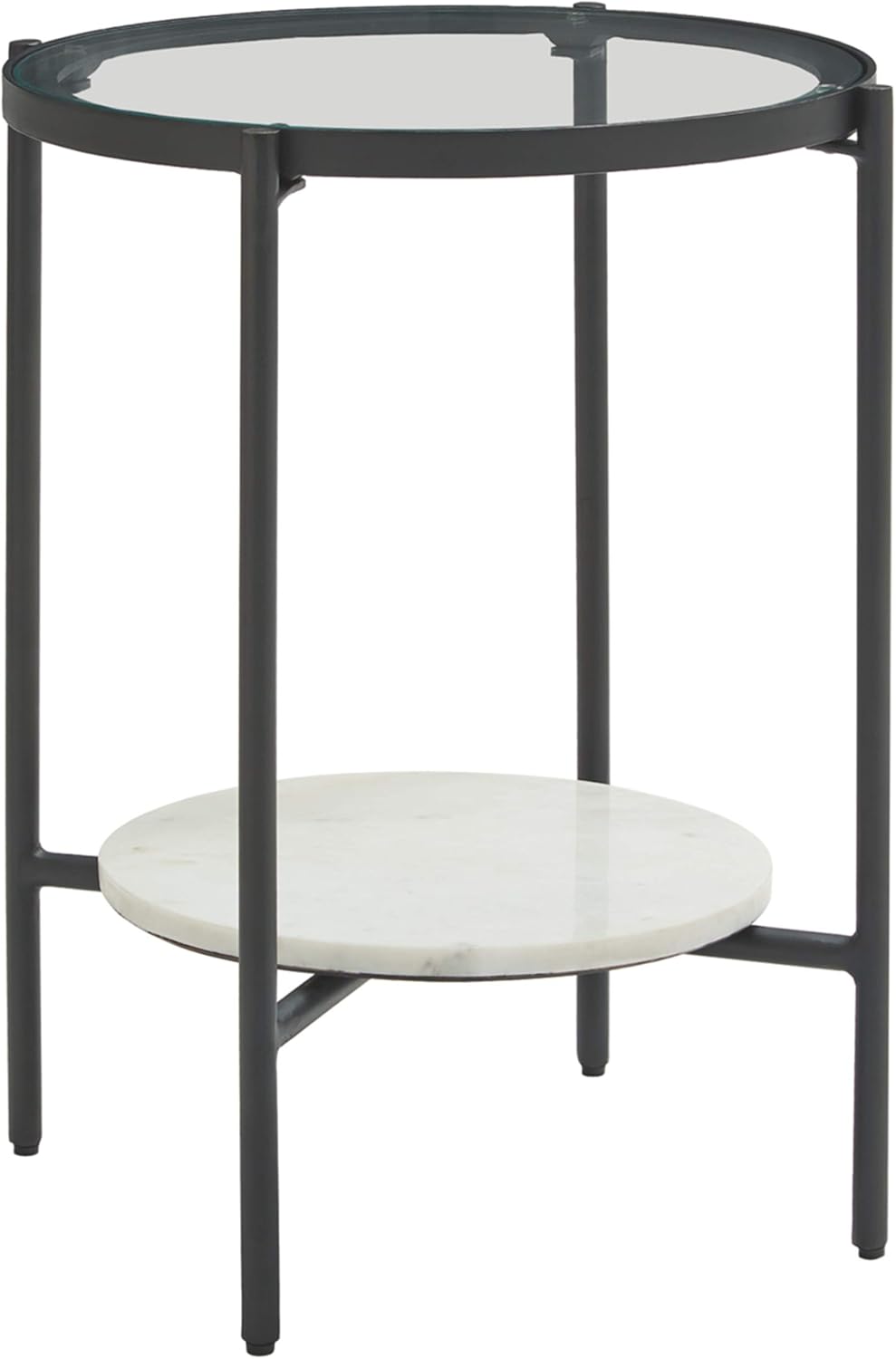 Signature Design by Ashley - Zalany Round End Table w/ Fixed Shelf, Black/White Marble Pack of 2