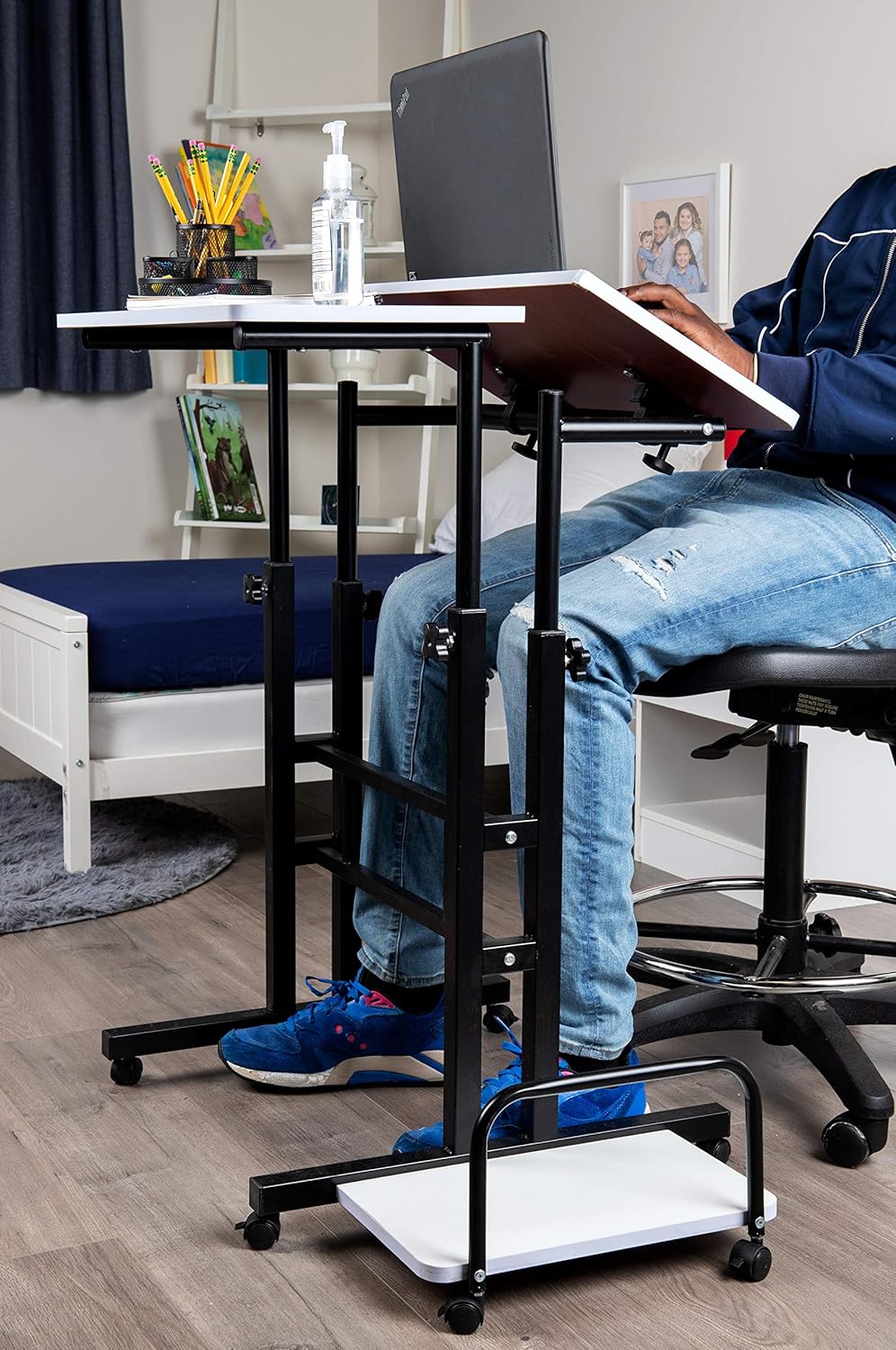 Mind Reader Mobile Sitting Standing Desk Rolling Reversible Home Office Laptop Workstation with Side Storage, Locking Wheels, Large, White/Black