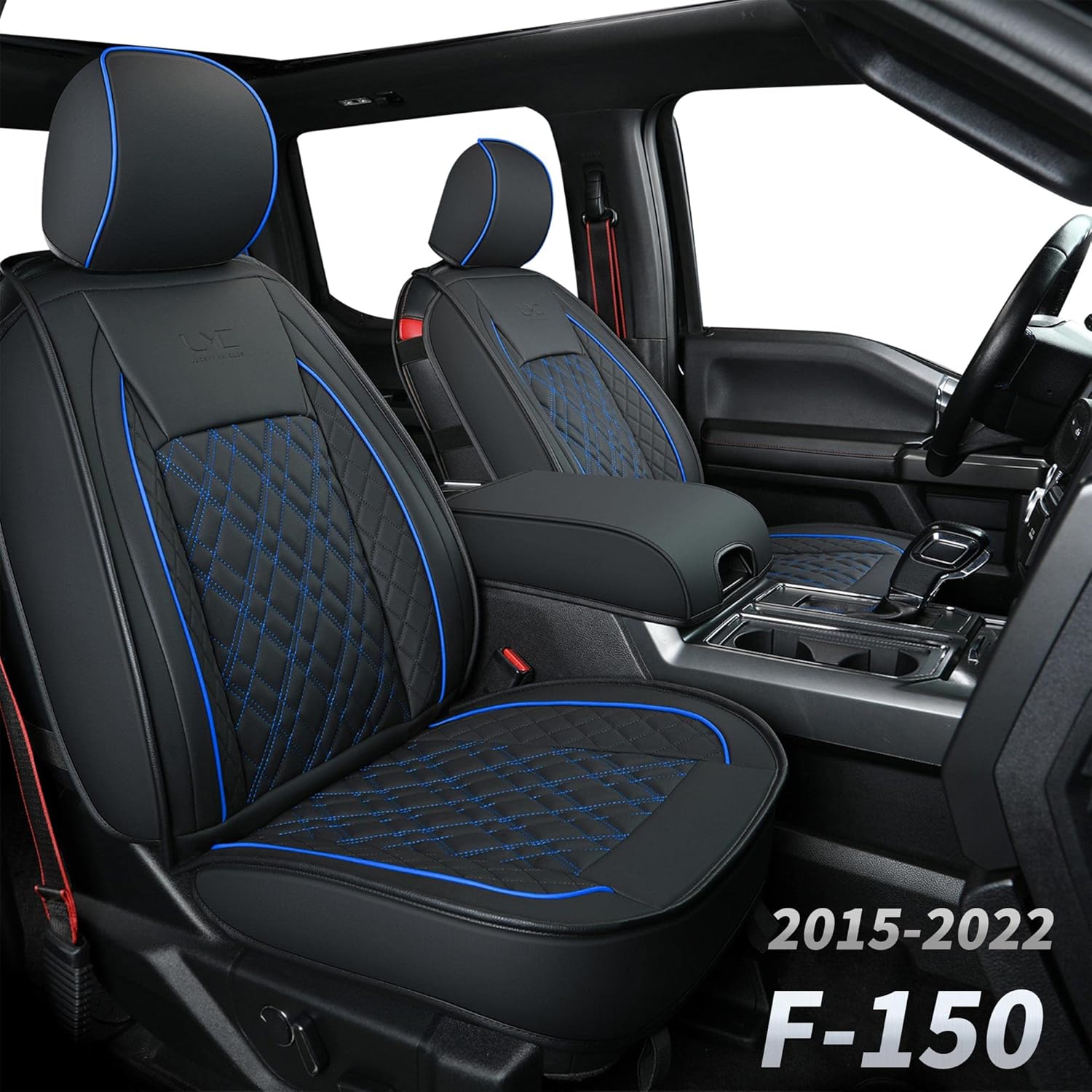 LUCKYMAN CLUB R07-Q5 Faux Leather Seat Covers, Fit for 2015-2022 F150 Crew Cab, and 2017-2022 F250 F350 Crew Cab with Center Console Cover(Full Set, Black&Blue)