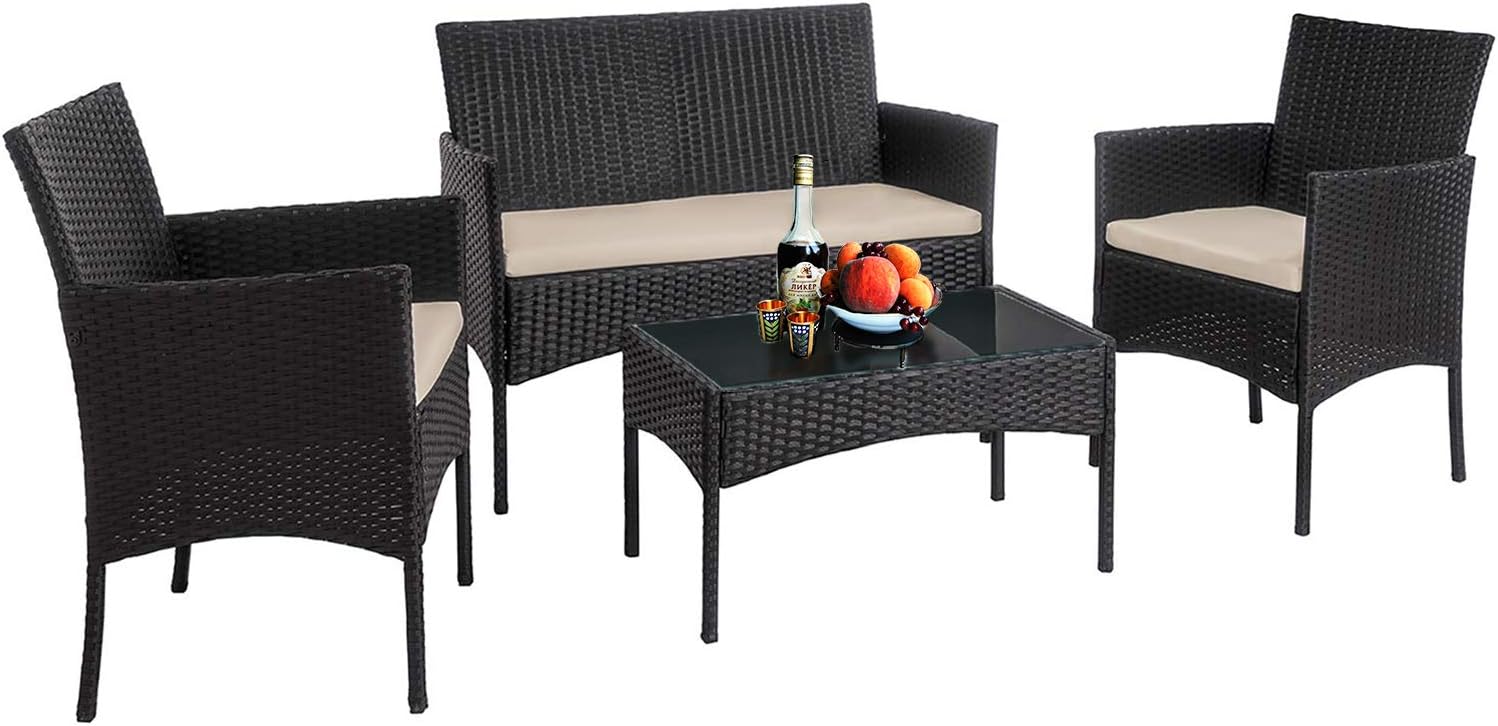 Vnewone Outdoor Patio Furniture Sets 4 Pieces Patio Set Rattan Chair Wicker Sofa Conversation Set Patio Chair Wicker Set with Table Backyard Lawn Porch Garden Poolside Balcony Furniture (Black)