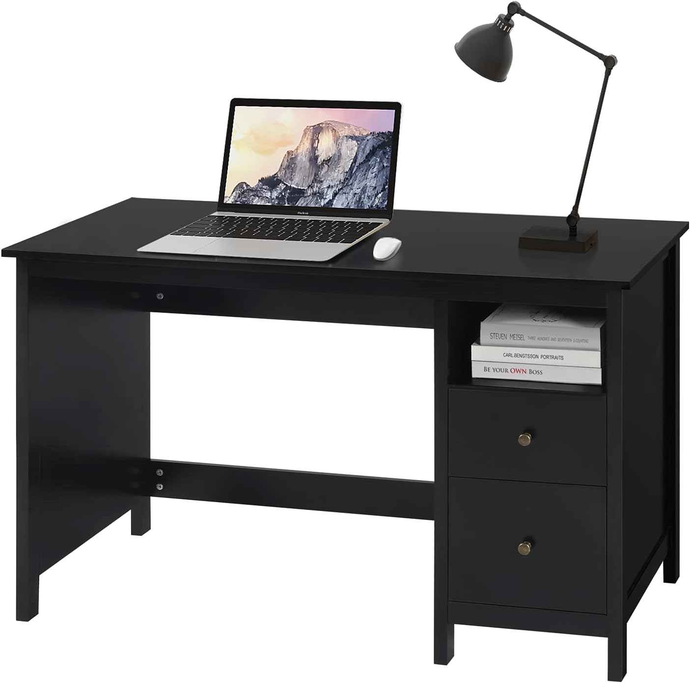 Yokstore 47 Inch Writing Desk with Storage Cabinet for Home Office, Wood Computer Desk with Drawers, Modern Student Study Desk, PC Laptop Workstation Table, Black