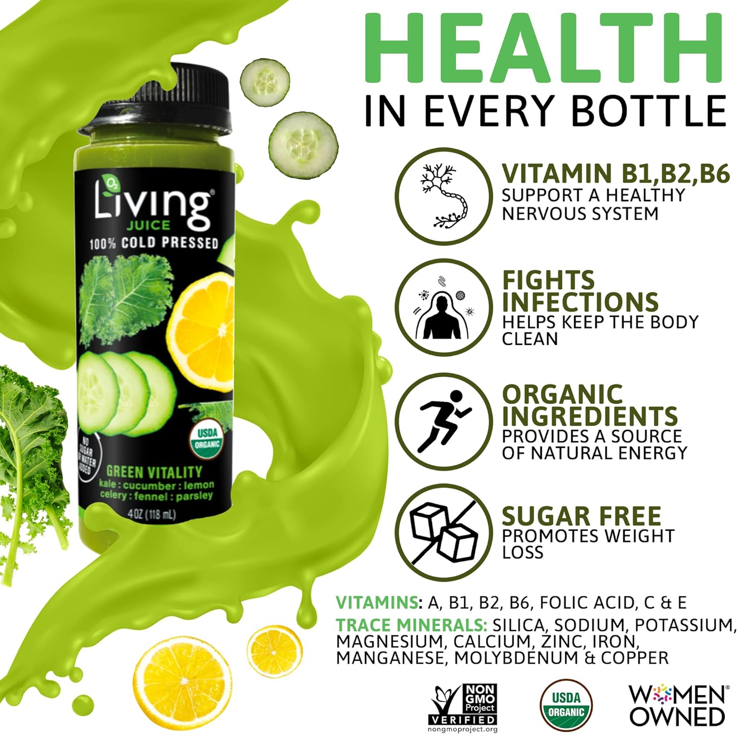 O2 Living Juice Organic Cold-Pressed Variety Pack, No Sugar or Water Added, Drink Made with Fresh Fruits & Vegetables, Nutrients, Vitamins, & Minerals for a Healthy Cleanse Detox (4 oz, 10 Pack) Pack of 2