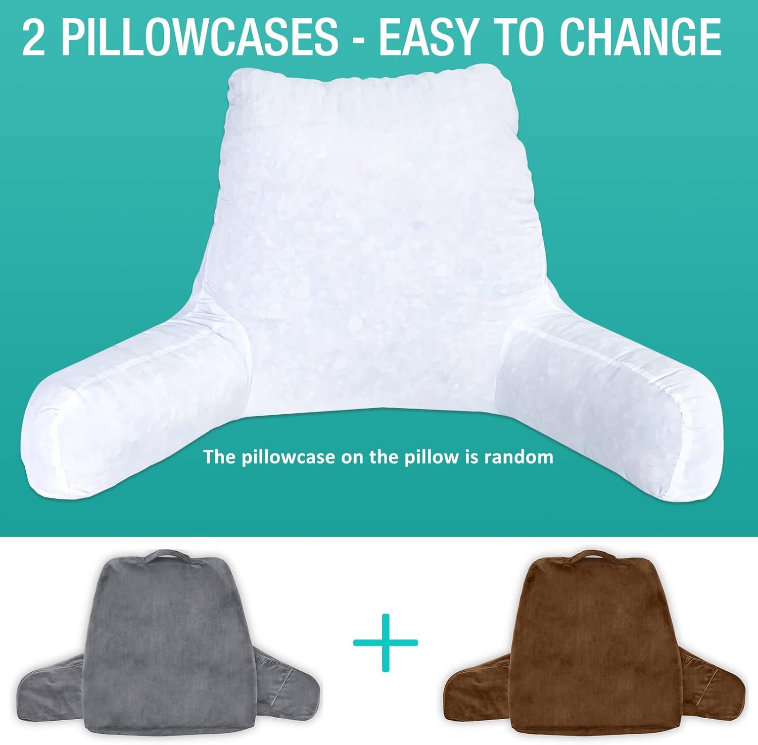 18in Reading Pillow with 2 Bed Pillow Covers, Large Adult Backrest with Arms & Pockets, Back Support for Sitting Up in Bed, Couch for Gaming, Reading & Watching TV