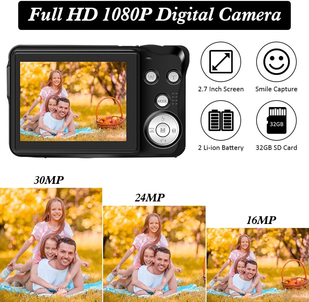 Digital Camera 2.7 inch 30MP HD Camera Compact Camera Pocket Camera,8x Digital Zoom Rechargeable Small Digital Cameras for Kids,Beginners Pack of 2
