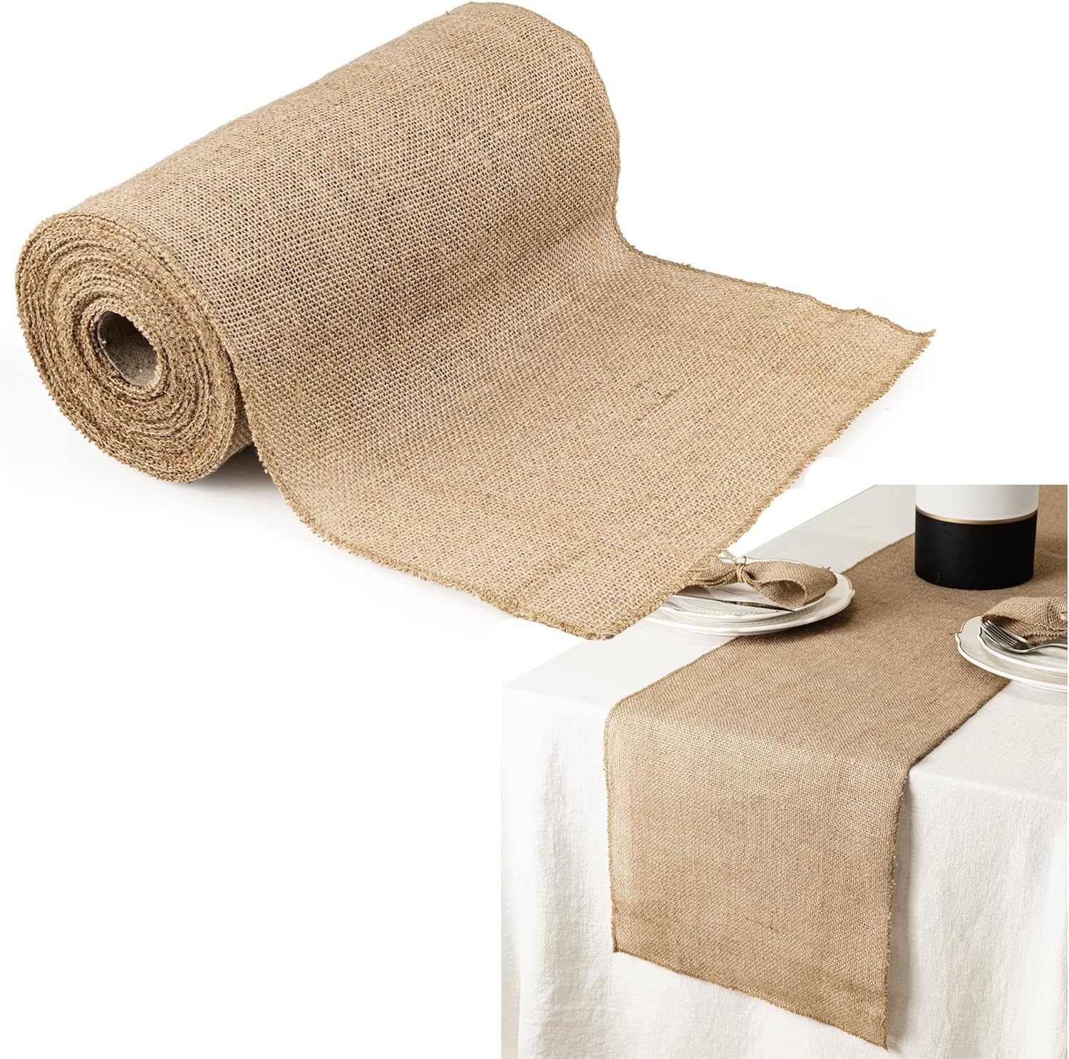 KIKIBRO Burlap Table Runner 12 Inch x 10 Yards for Farmhouse Style Dining Room, Woven Jute Fabric Placemats or Centerpieces, Long Natural Jute Table Decoration