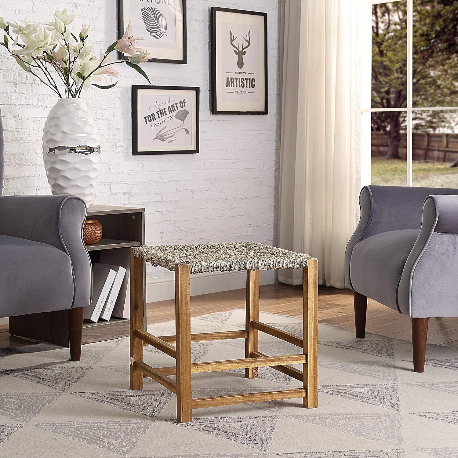 Abington Lane Square Seagrass and Wood Multifunctional Woven Ottoman/Stool - Foot Rest for Accent Chairs - Home D&eacute;cor Piece for The Contemporary Home (Square, 17.5