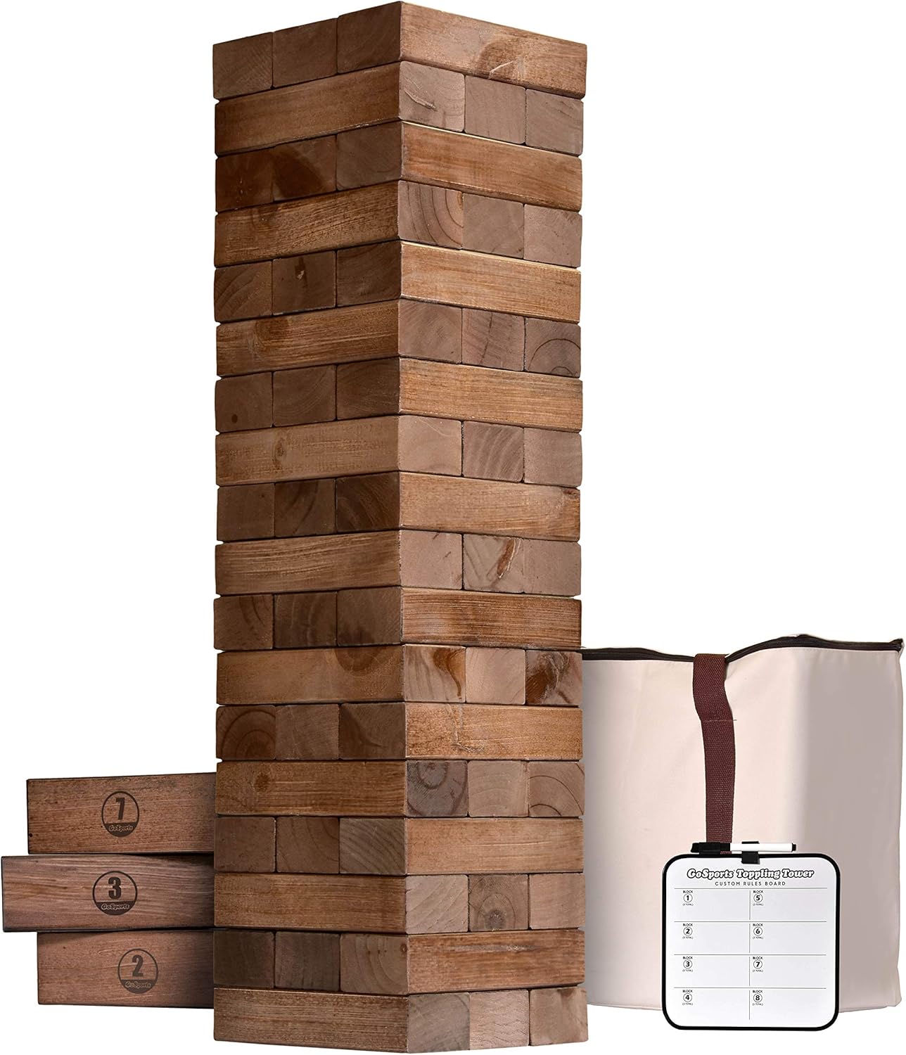 GoSports Giant Wooden Toppling Tower (Stacks to 5+ Feet) - Choose Between Natural, Brown Stain, Gray Stain or Stars and Stripes - Includes Bonus Rules with Gameboard, Made from Premium Pine