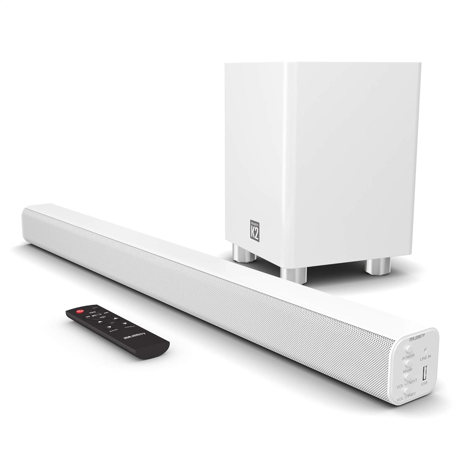 Majority K2 Sound Bar and Wireless Subwoofer | 2.1 Surround Sound with Bluetooth | with FM Radio and Multi-Connection Pack of 2