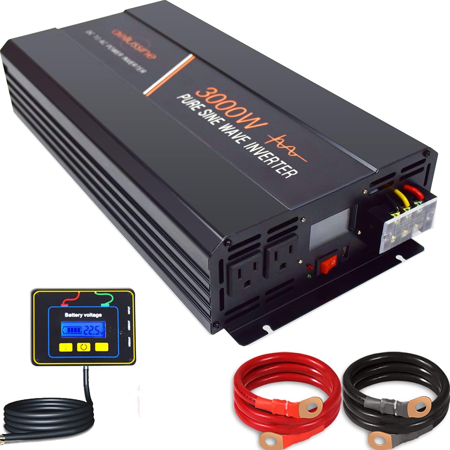 aeliussine 3000 watt Pure Sine Wave Inverter 24 Volt dc to ac 110v 120v with LCD Display with Remote Switch Power Inverter for Car Off Grid Solar Power System (3000W24V LCD)