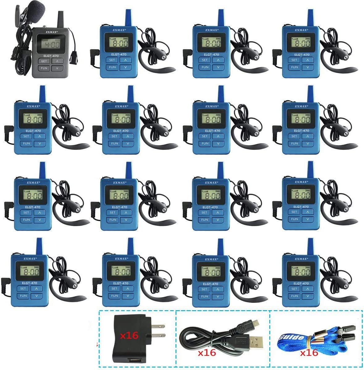 EXMAX ELGT-470 UHF Wireless Whisper Acoustic Digital Voice Transmission Tour Guide System 100 Channels for Assistive listening, court of law,theatre,Outdoor Scenic Spots(1 Transmitter & 15 Receivers)