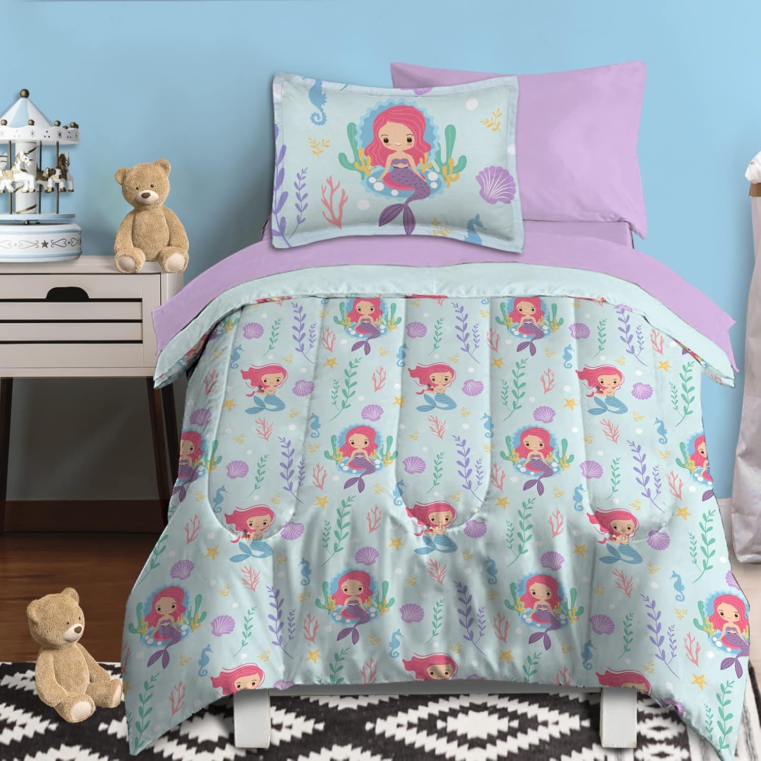 SOULZZZ 100% Super Soft Microfiber Mermaid Bedding Set-Five Piece Set (Pink Blue Mermaid) Pack of 2